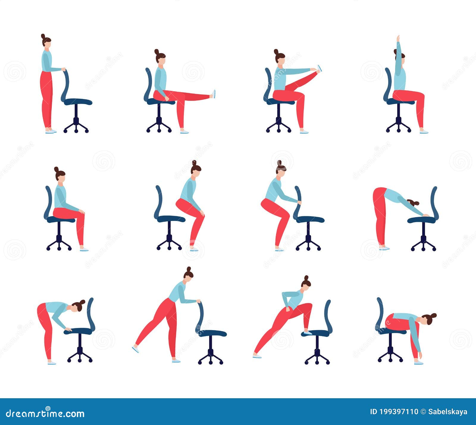 Set of Yoga Exercises with Office Chair a Vector Flat Illustrations Stock  Vector - Illustration of back, shoulder: 199397110