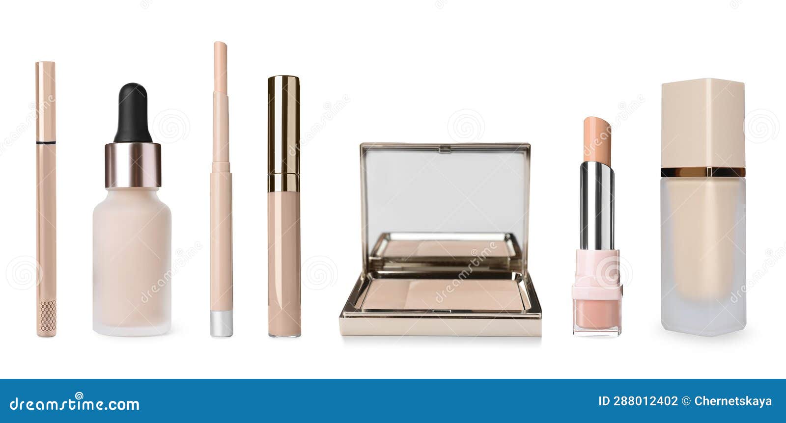 Set with Face Powder and Other Foundations Isolated on White Stock