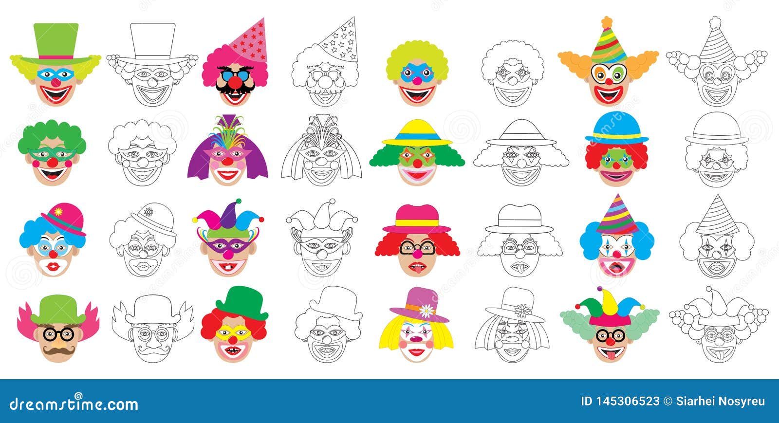 set of faces of clown coloring book vector illustration