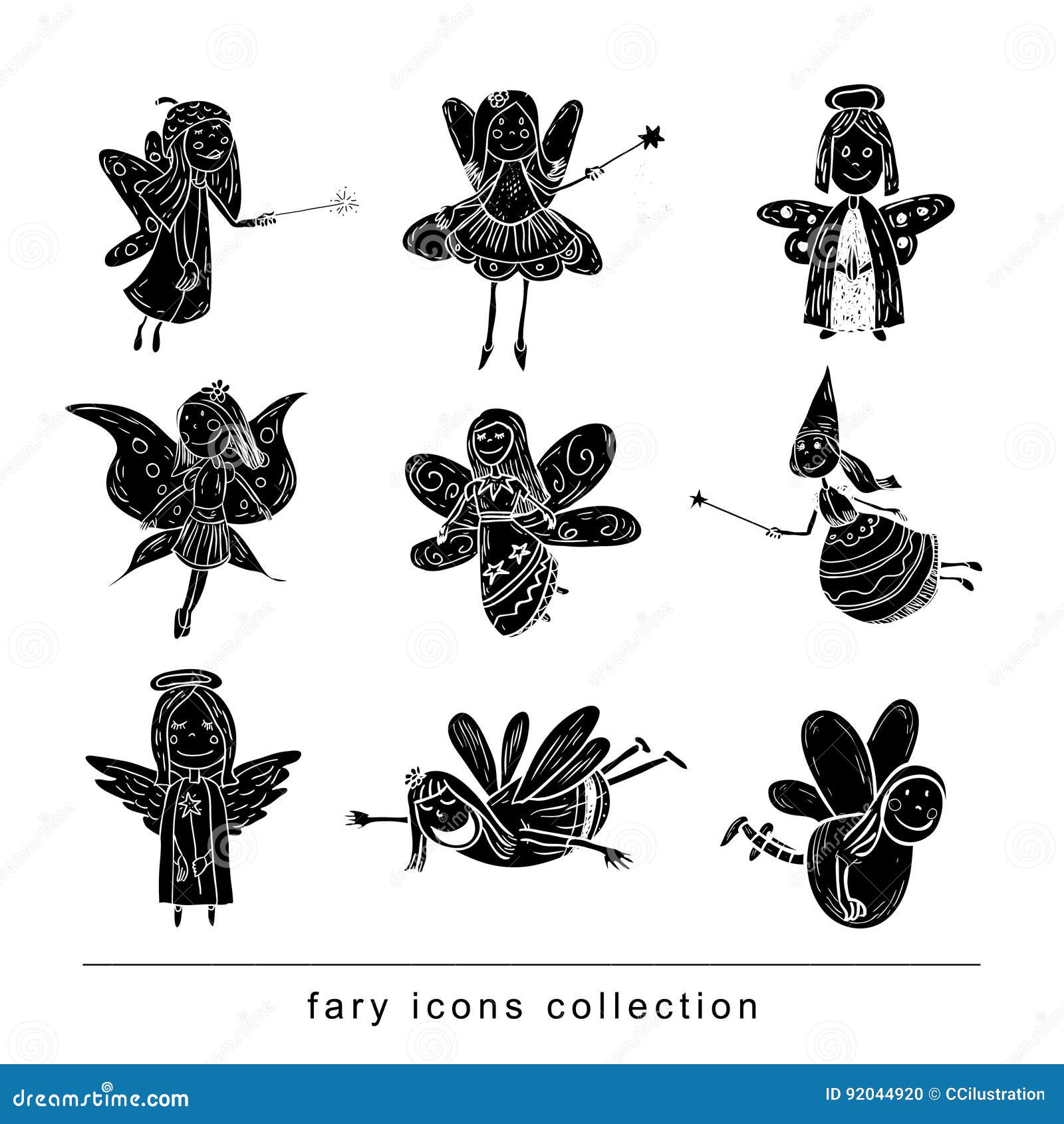 Set Of Fairies And Angels Vector Illustration Black Stock