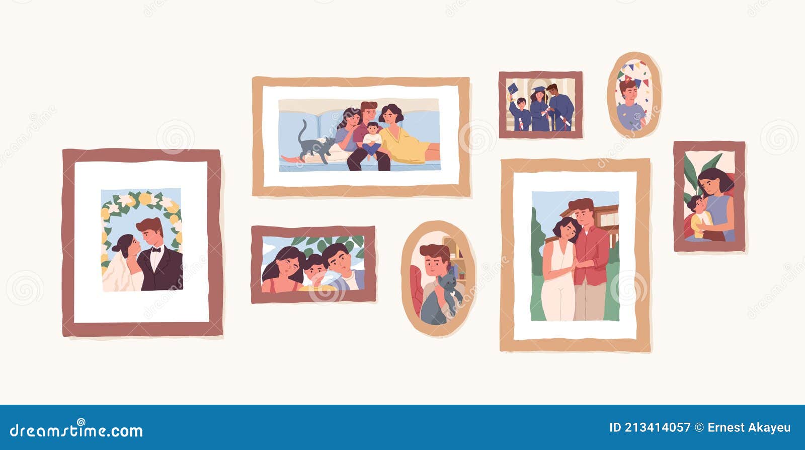 set of family photo portraits in frames. memorable pictures of happy parents and children at important moments and