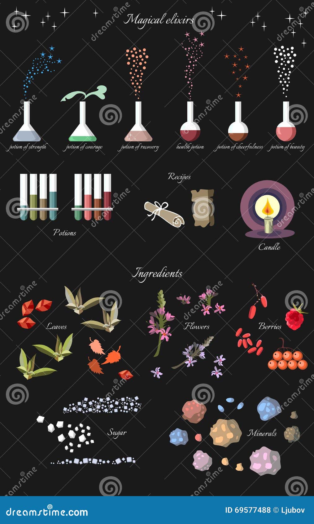 Set of Fantasy Alchemy Elements Magical Elixirs and Ingredients Stock