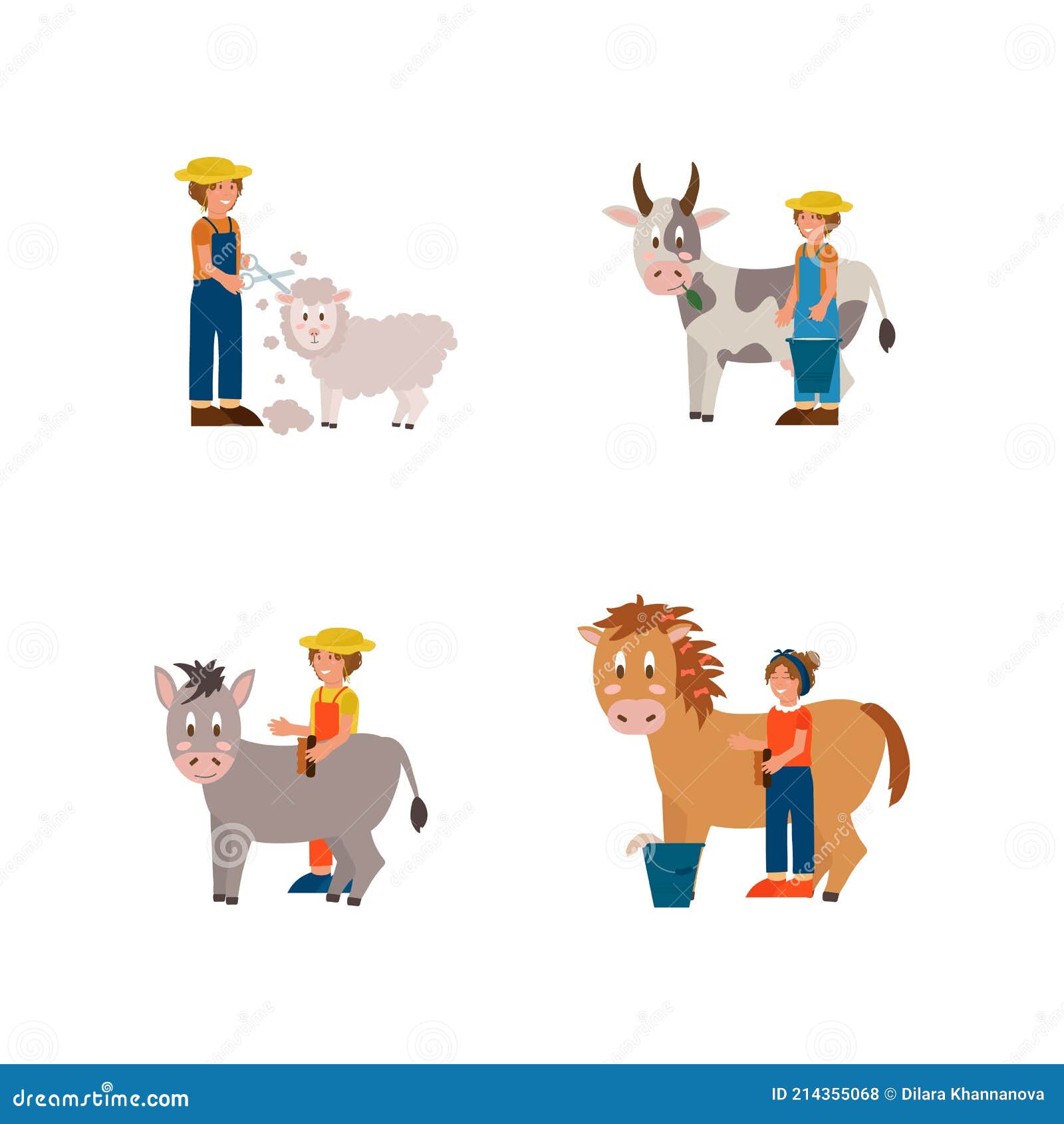 Set of Farm Animals Breeding by Humans. Stock with a Farmer, a Working Man  Who Raises Cattle Stock Vector - Illustration of duck, flower: 214355068