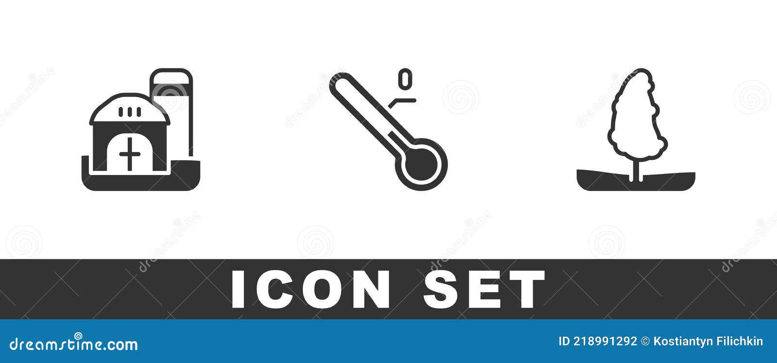 Set Farm House, Meteorology Thermometer and Tree Icon. Vector Stock