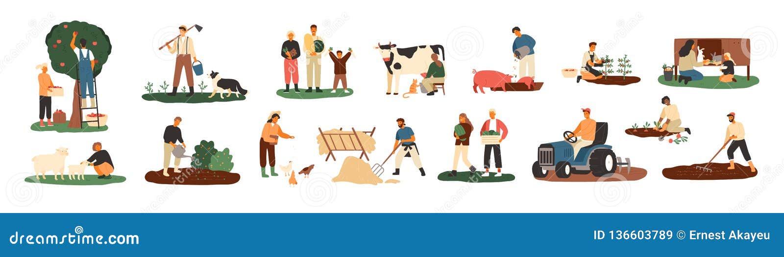 set of farmers or agricultural workers planting crops, gathering harvest, collecting apples, feeding farm animals