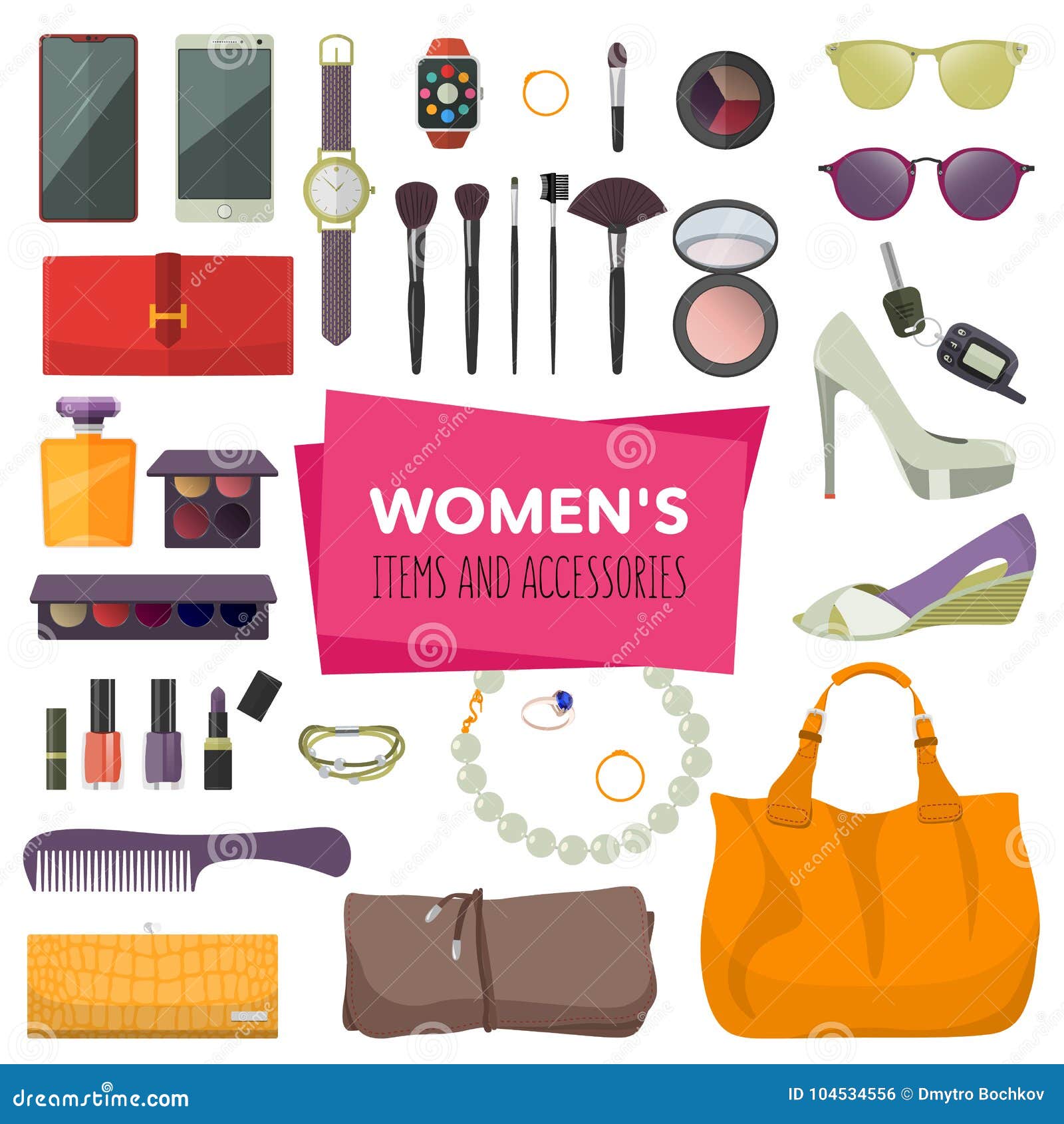 Set of Fashion Accessories. Women Items and Accessories Stock Illustration  - Illustration of mirror, bracelet: 104534556