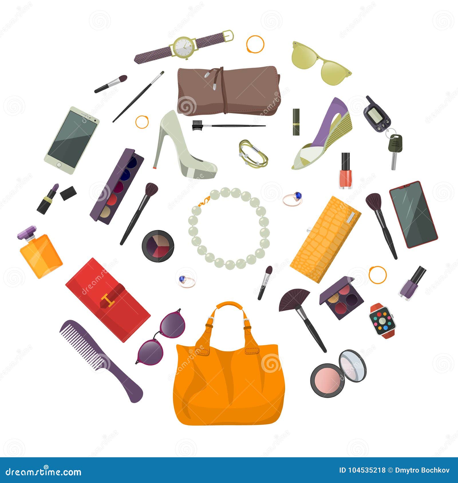 Set of fashion accessories. Women items and accessories. Vector  illustration. Stock Vector