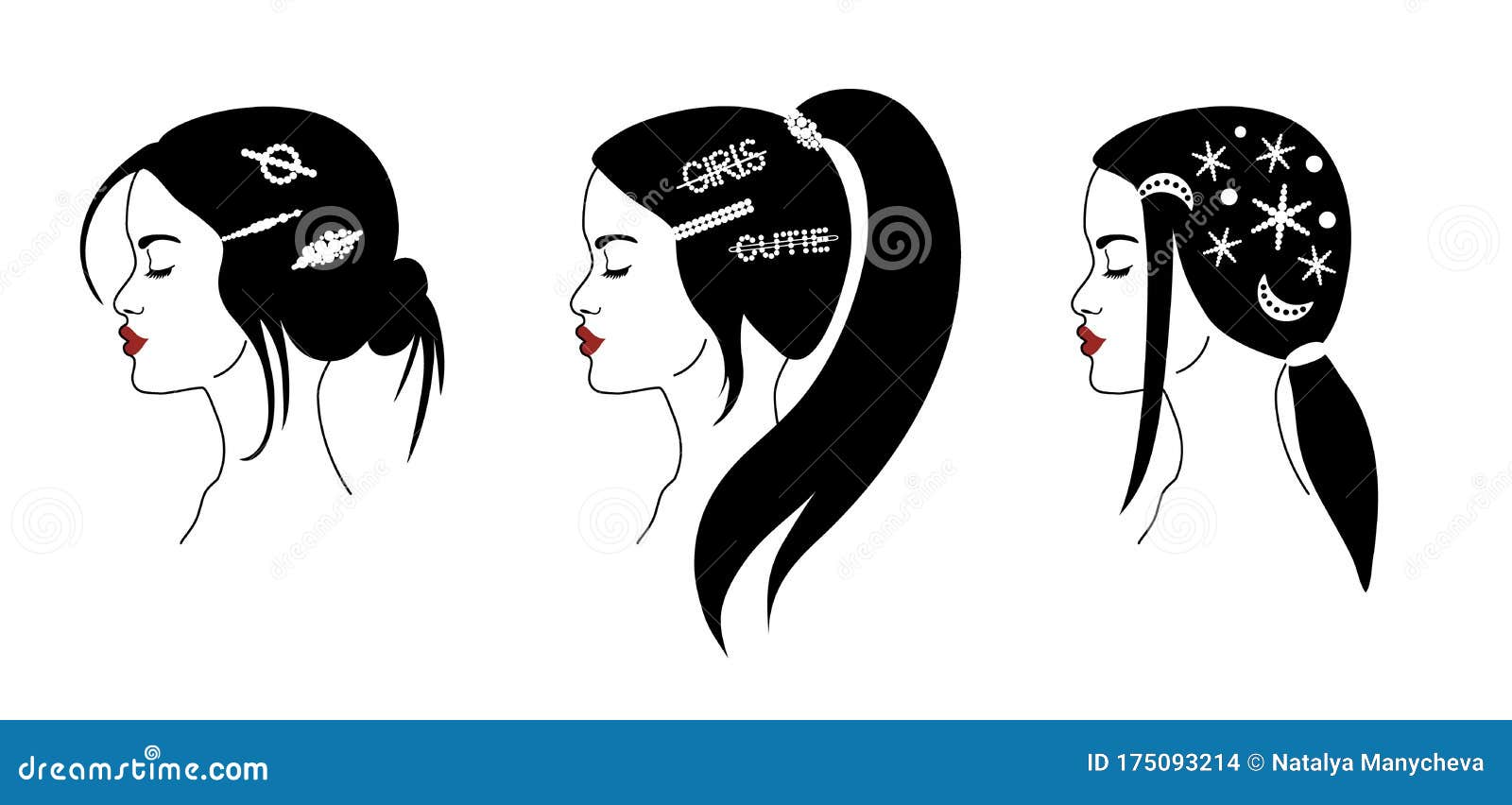 Set of Fashion Girl Profiles with Trendy Hairstyle for Women. Women with  Hairpins and Hair Clips with Pearls on Hair Stock Vector - Illustration of  graphic, element: 175093214