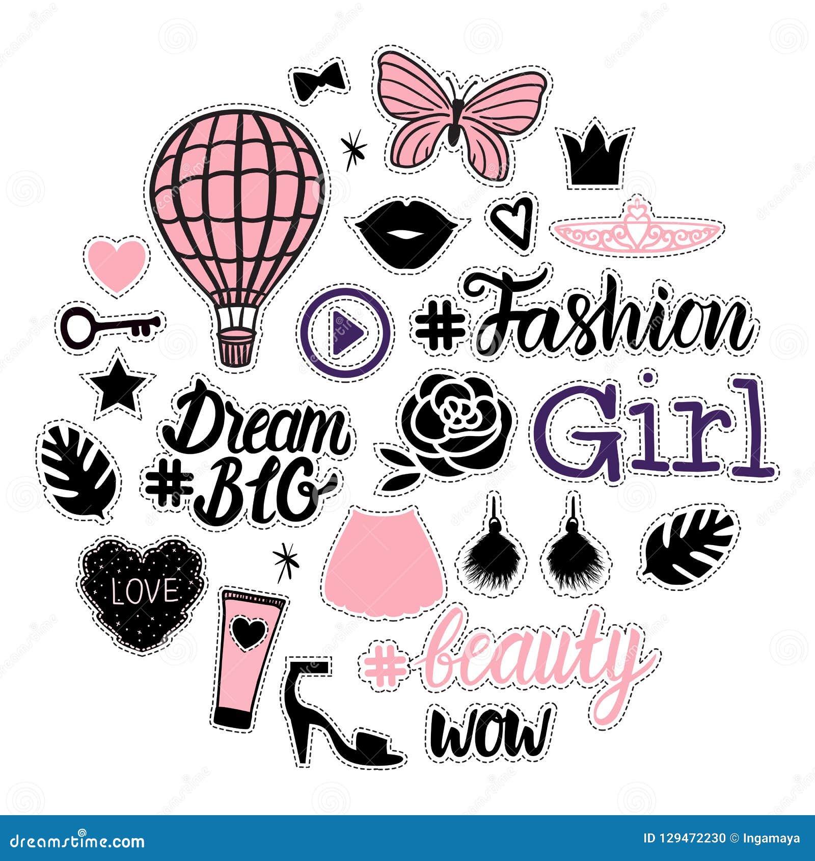 Set Fashion Girly Sign Illustrations. Vector Collection Black and ...