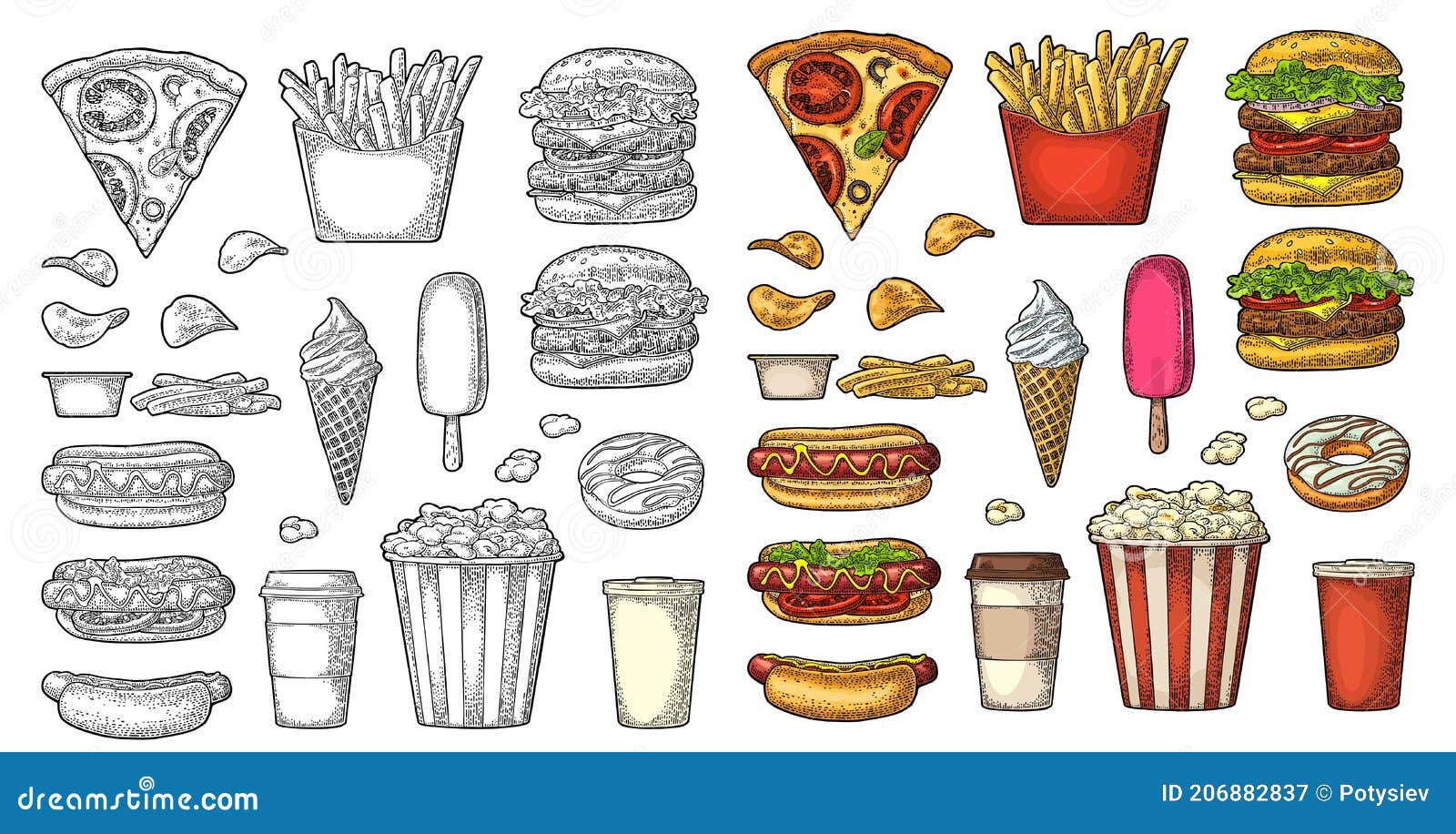 set fast food. coffee, hamburger, pizza, hotdog, fry potato, popcorn