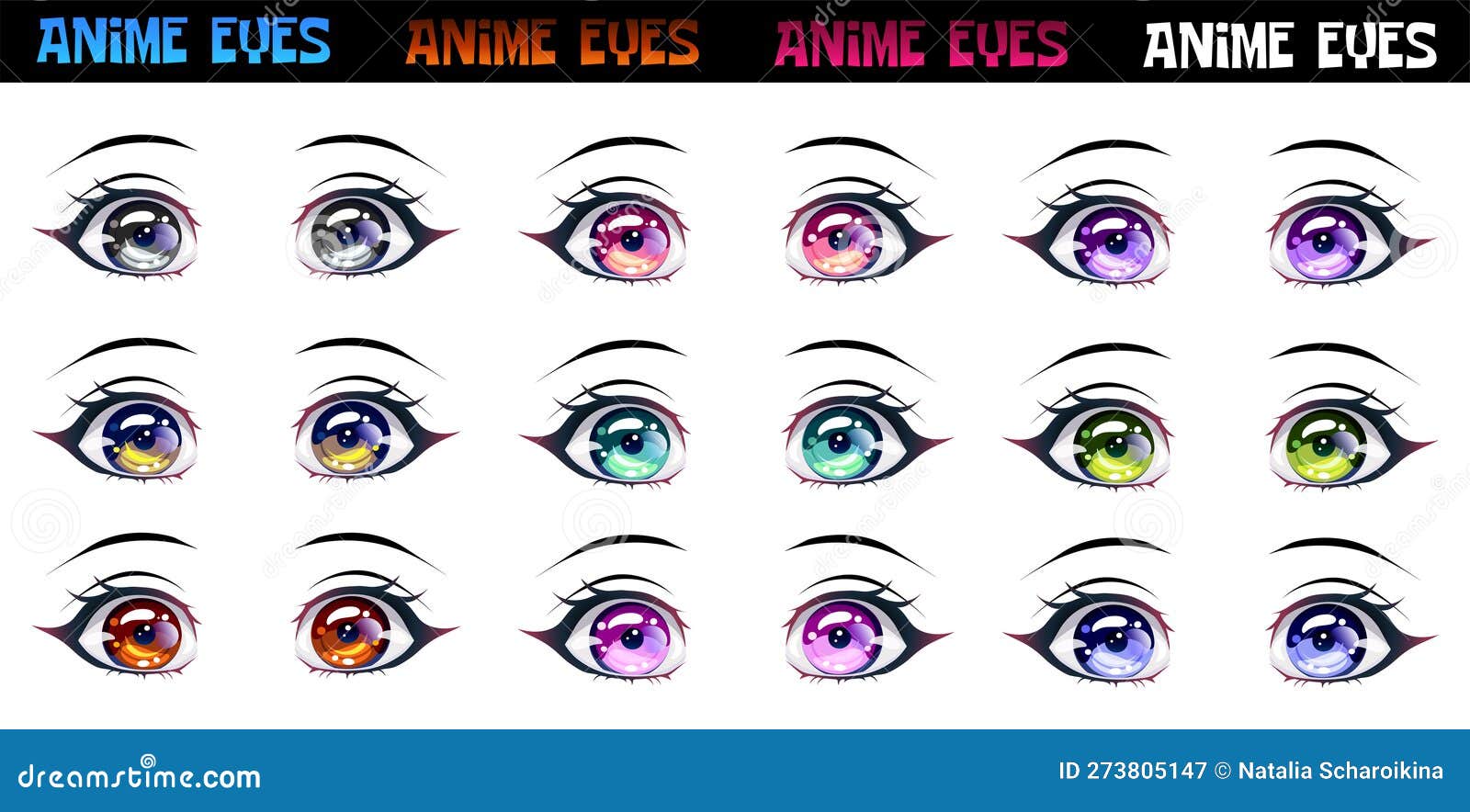 Set of Female Eyes of Different Colors in the Style of Manga. Stock Vector  - Illustration of design, cartoon: 273805147