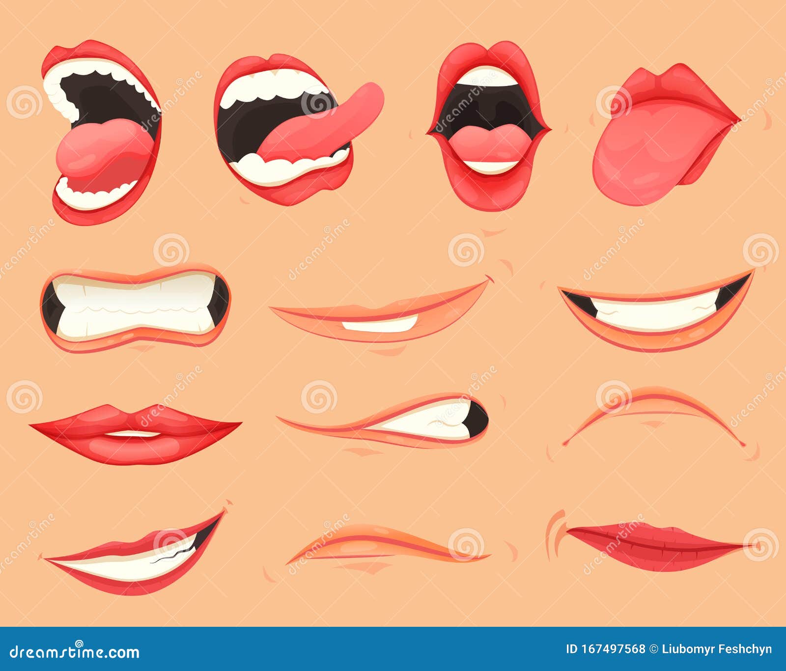 set of female lips with various mouth emotions and expressions.  .