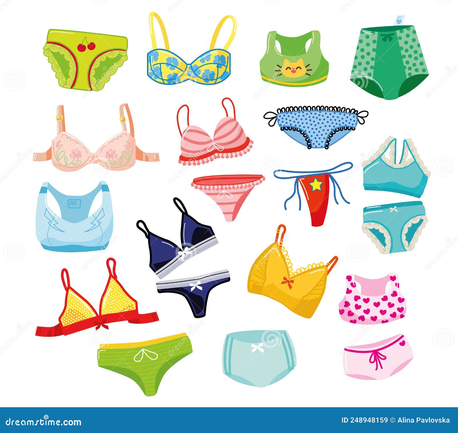 Set of Female Underwear, Cartoon Bra and Panties of Different