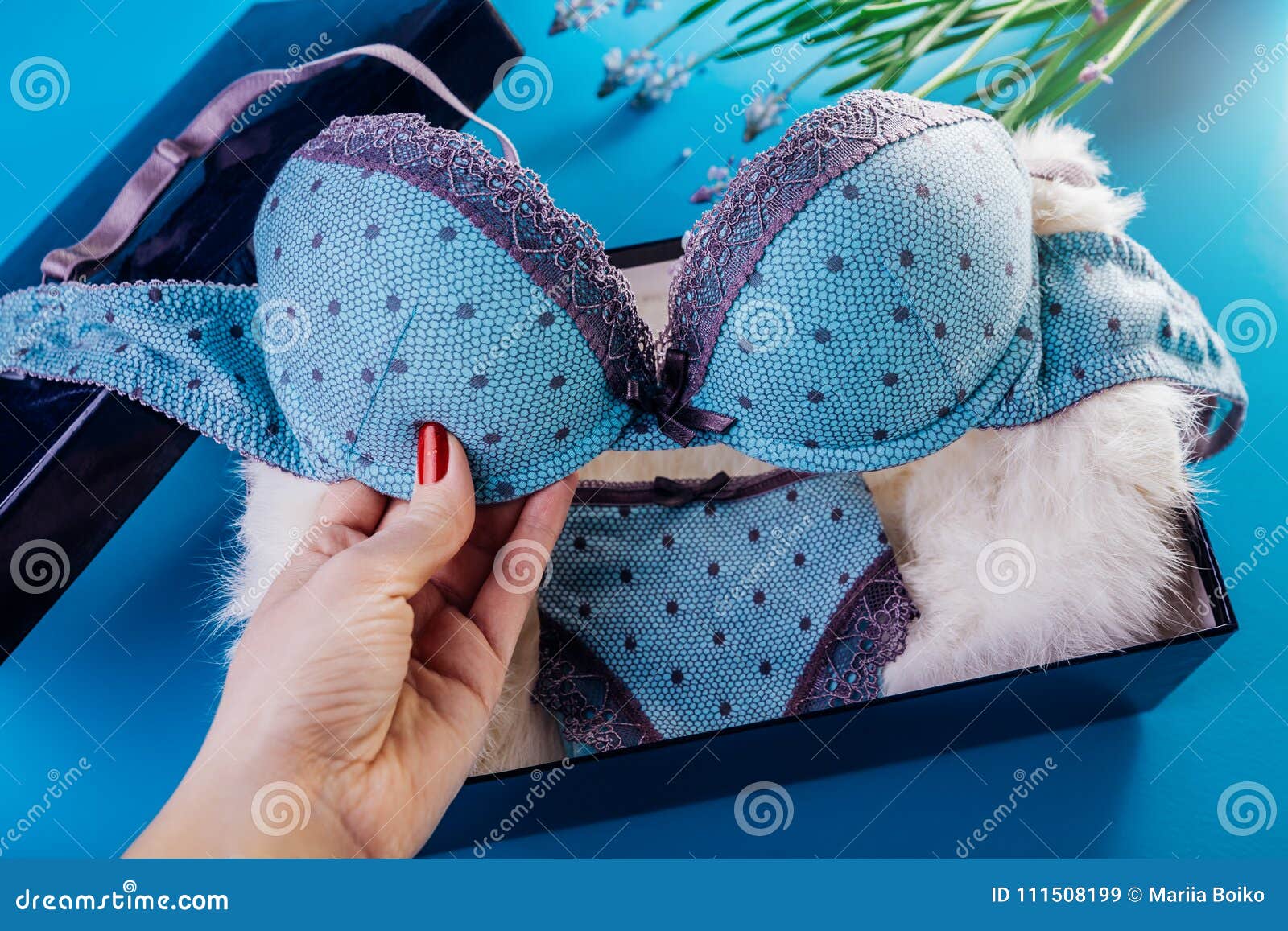 Set of Female Underwear in the Gift Box with Spring Flowers. Woman