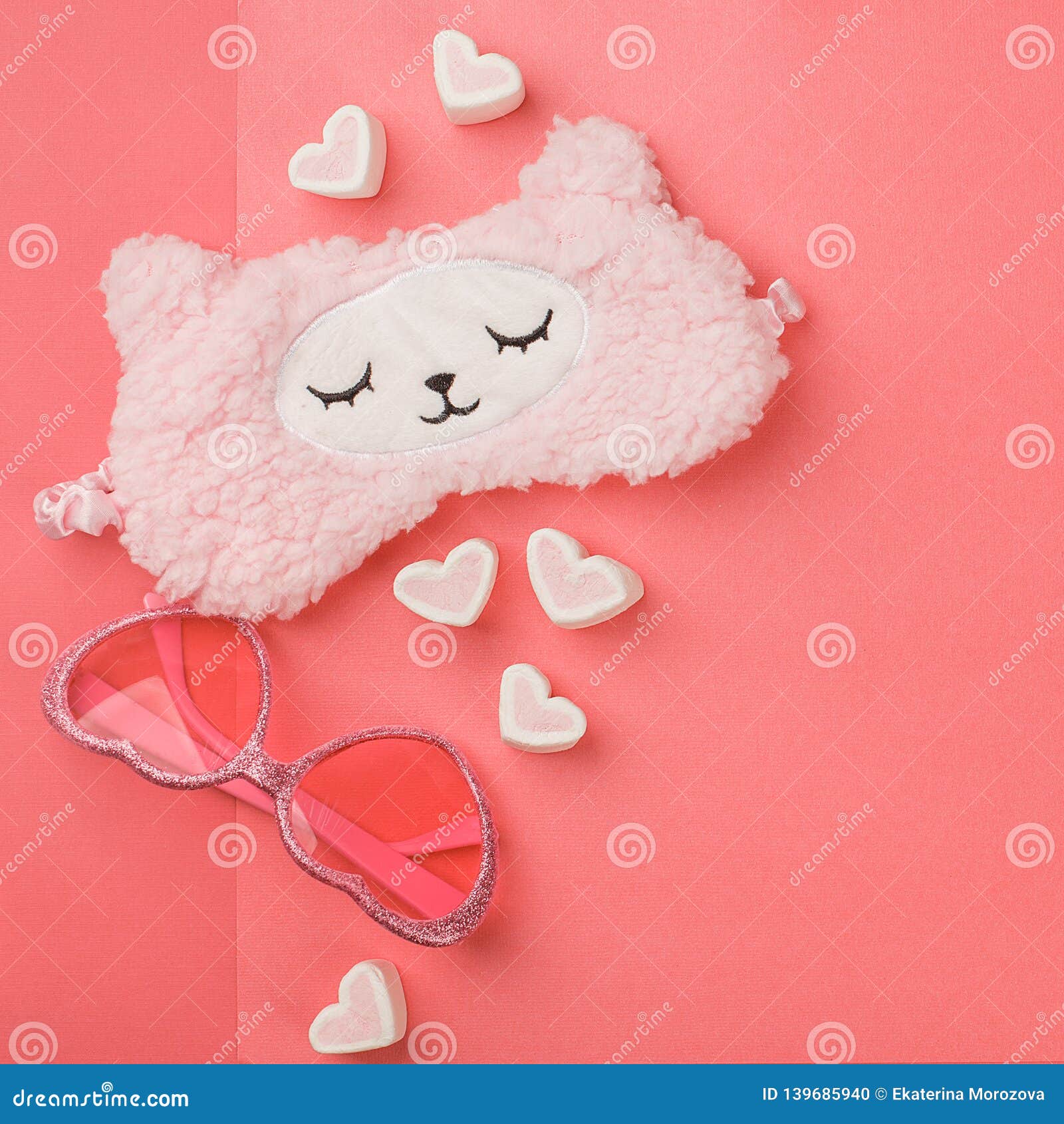 Set of Feminine Accessories with Sunglasses, Sleep Band and Heart-shaped  Marshmallow Sweetness on Living Coral Pink Background Stock Photo - Image  of girl, collage: 139685940