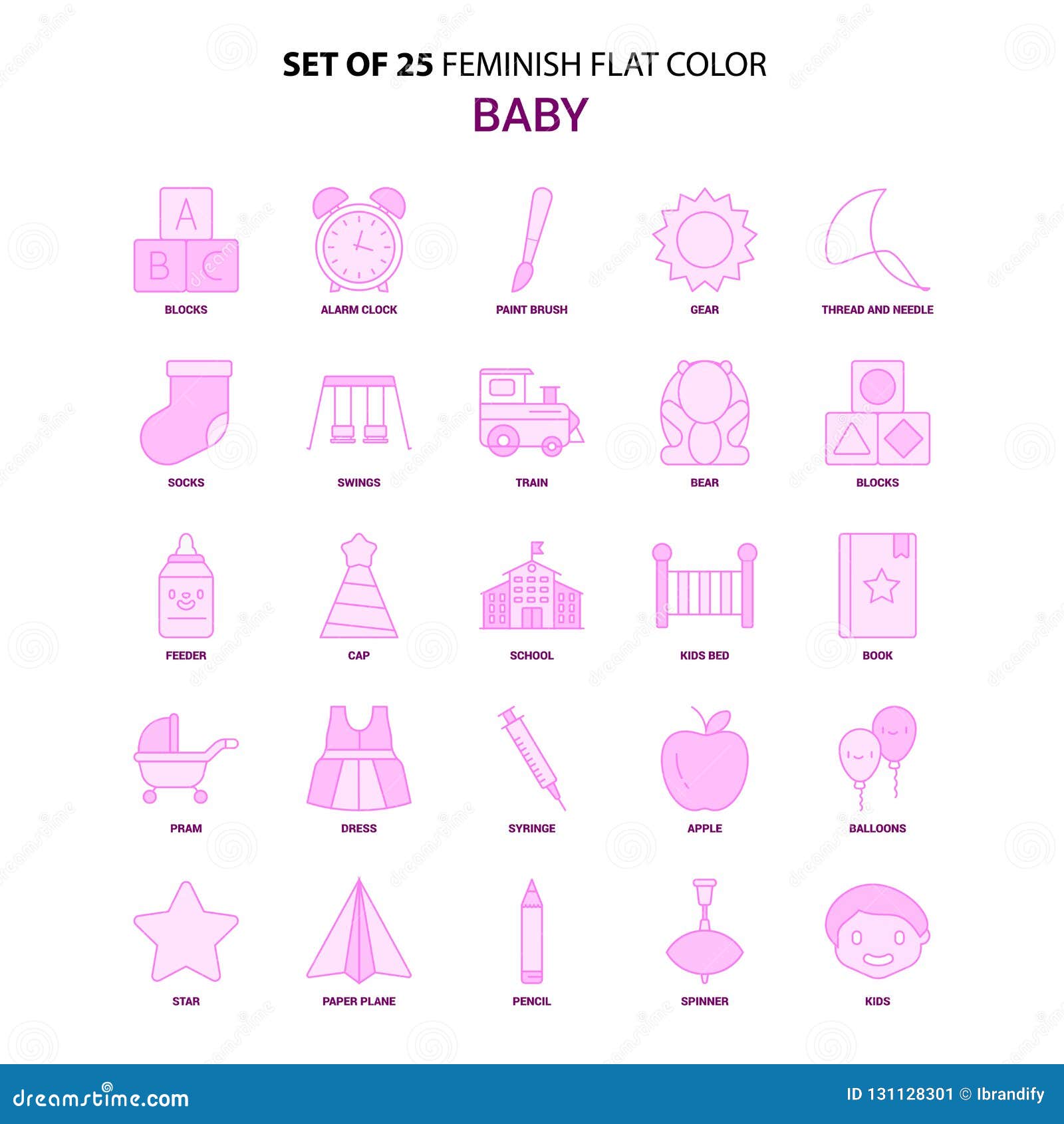 set of 25 feminish baby flat color pink icon set