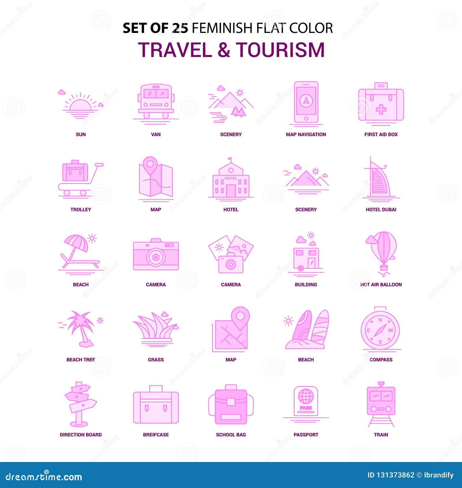 set of 25 feminish travel and tourism flat color pink icon set