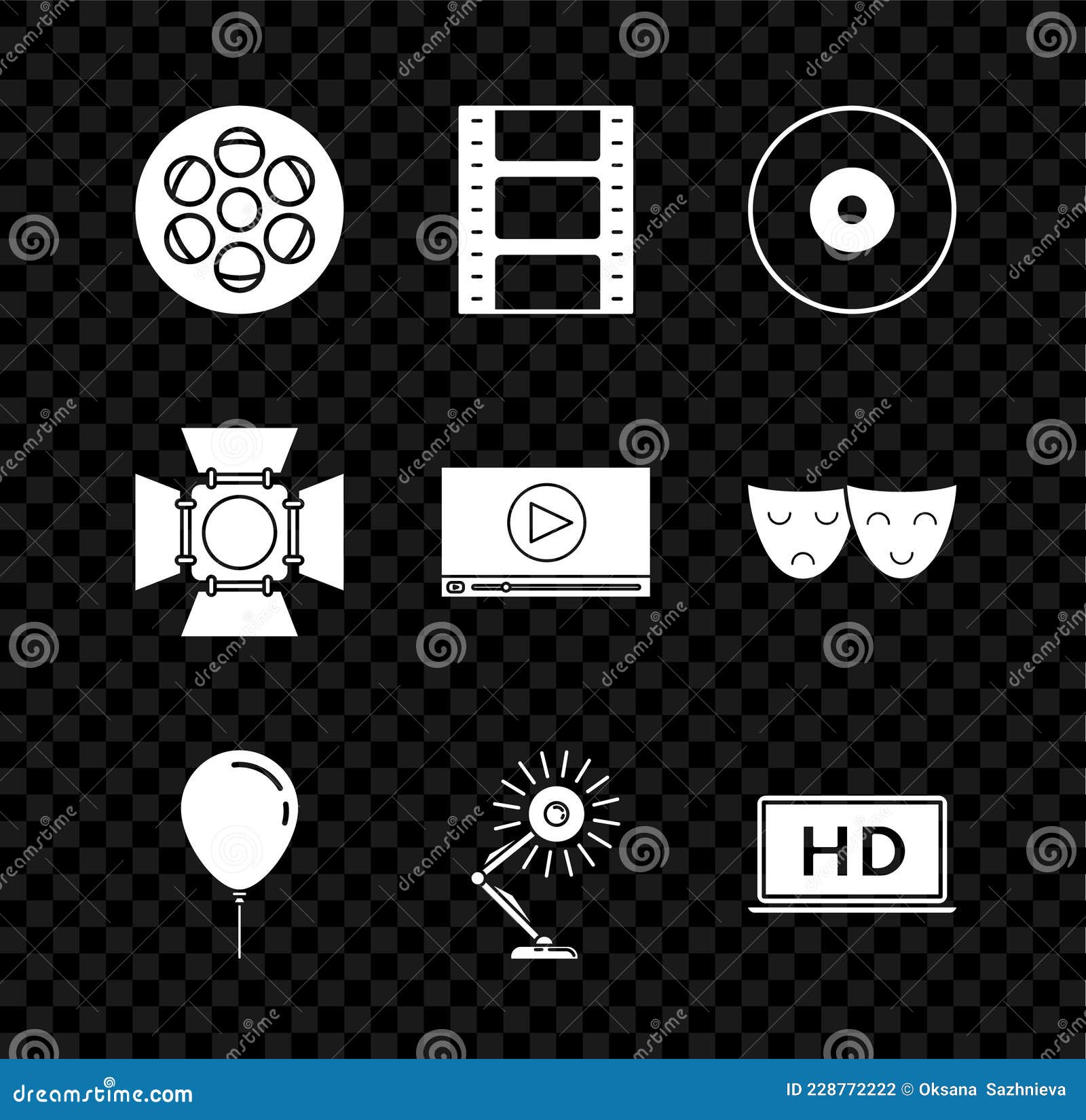 Set Film Reel, Play Video, CD or DVD Disk, Balloon with Ribbon, Table Lamp,  Laptop Screen HD Video Technology, Movie Stock Vector - Illustration of  data, compact: 228772222