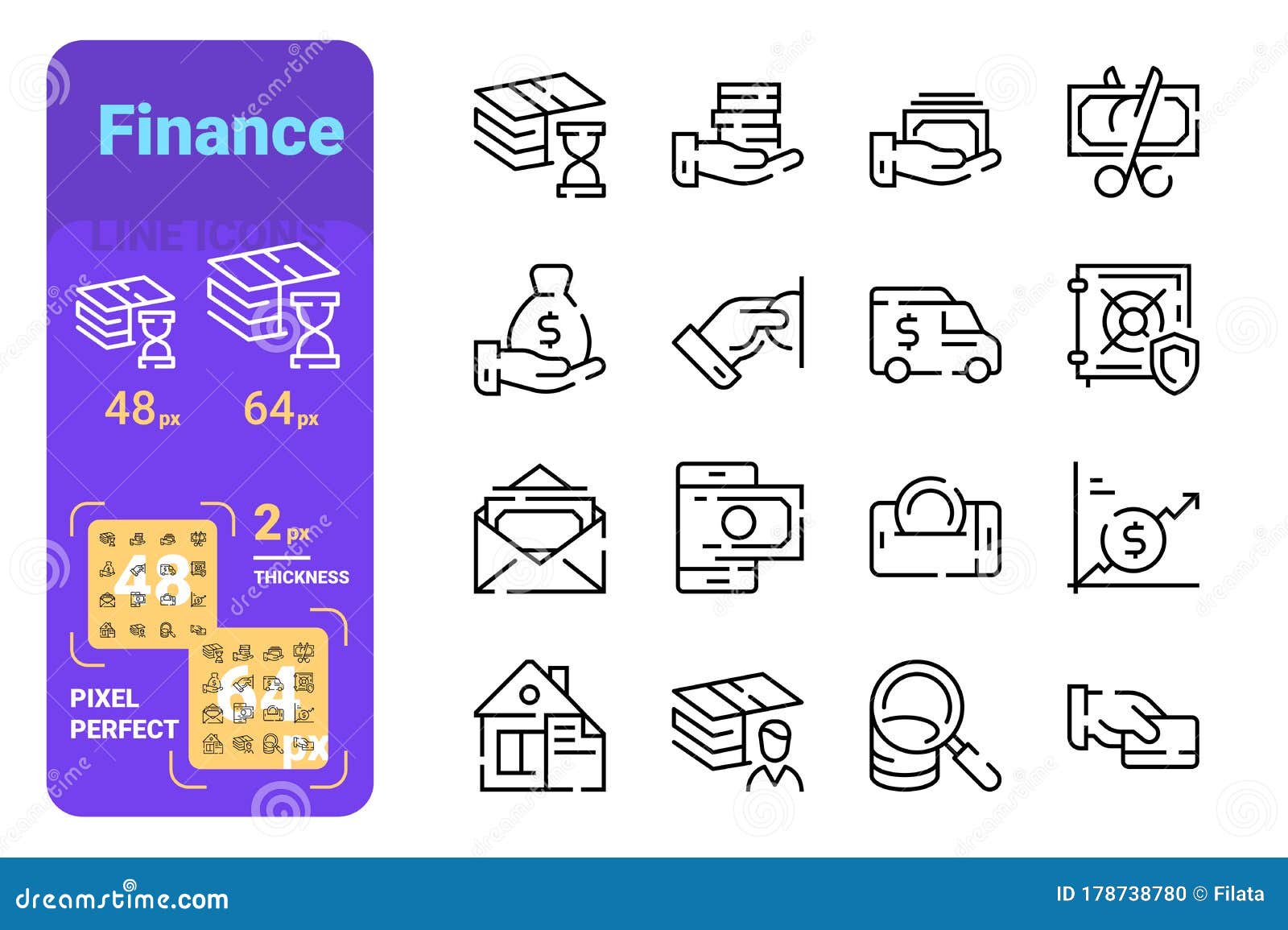 set finance simple lines icons of security, graph, delivery money.
