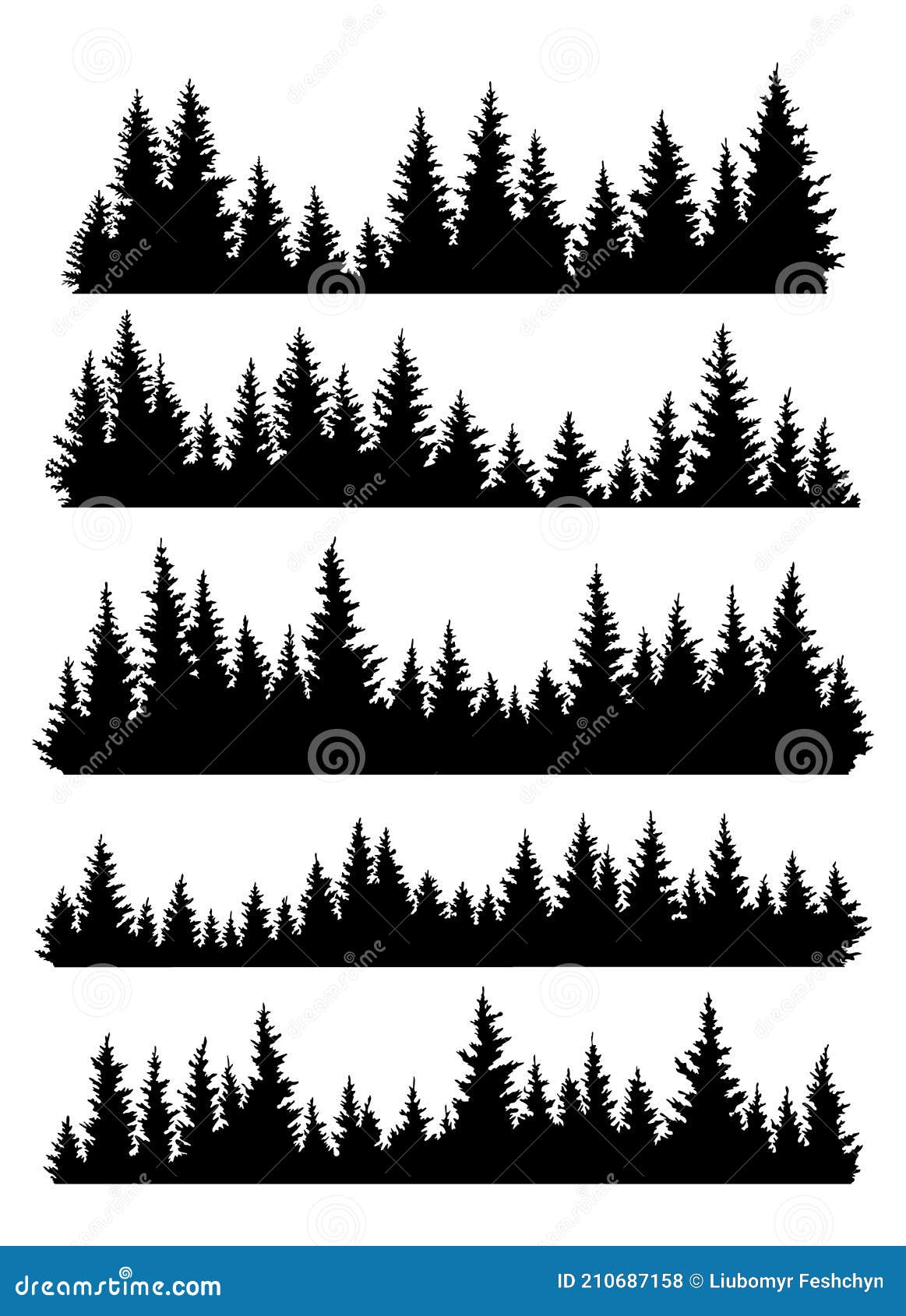 set of fir trees silhouettes. coniferous spruce horizontal background patterns, black evergreen woods 
