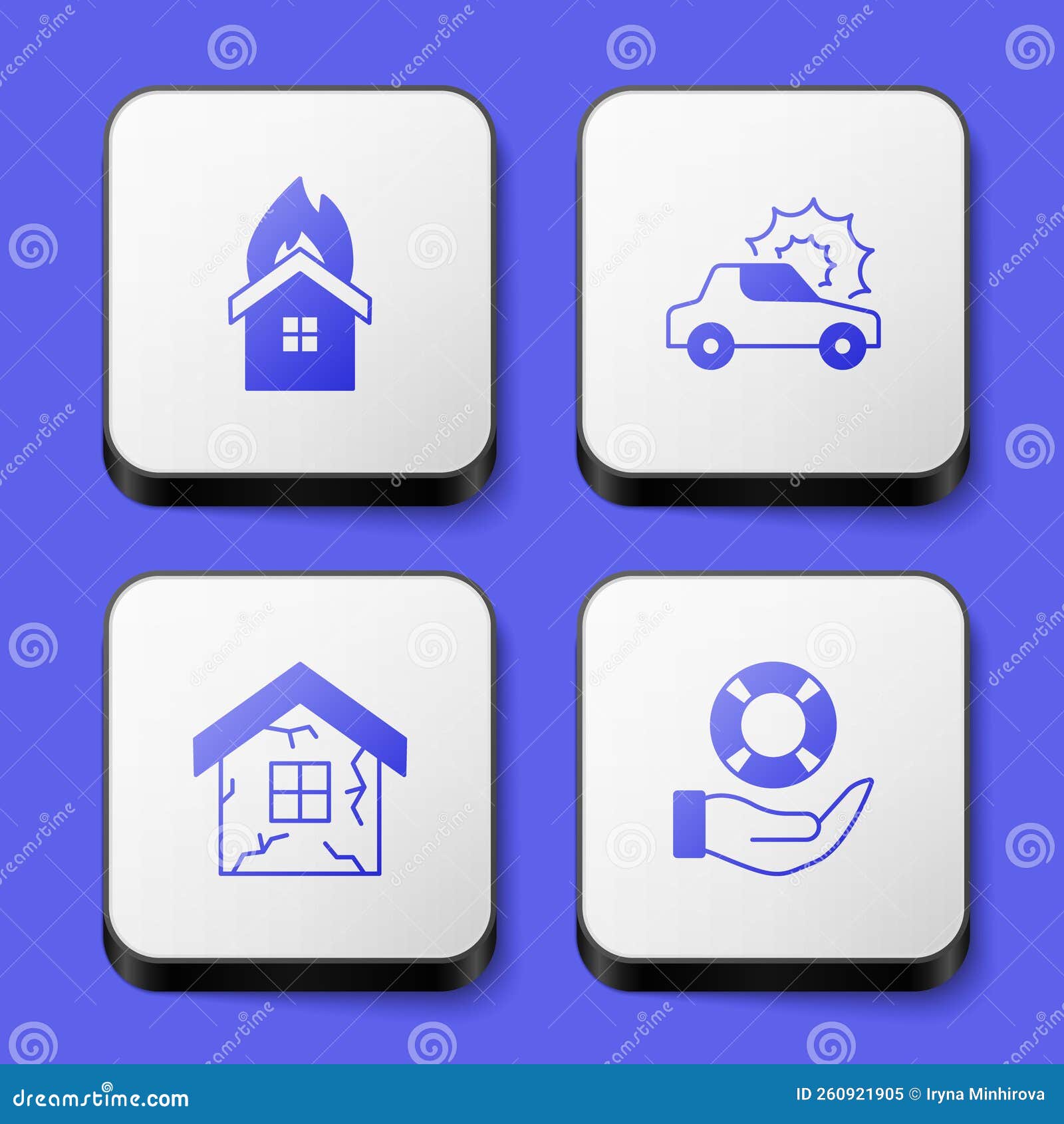Set Fire in Burning House, Car Insurance, House and Lifebuoy Hand Icon