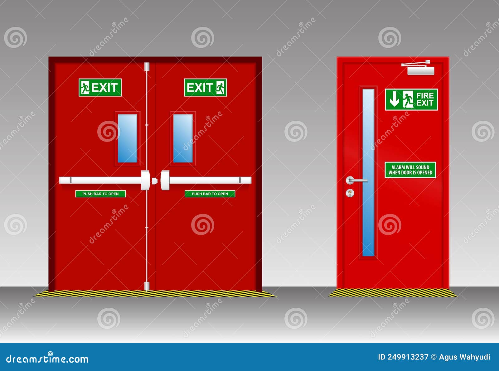 set of fire door exit  or fire emergency exit door or red door to evacuate when fire accident. eps