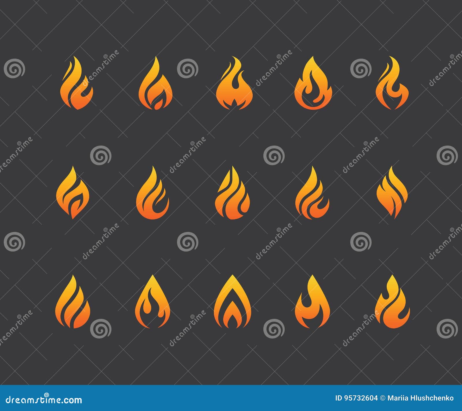 set of fire flame icons and logo  on black background.