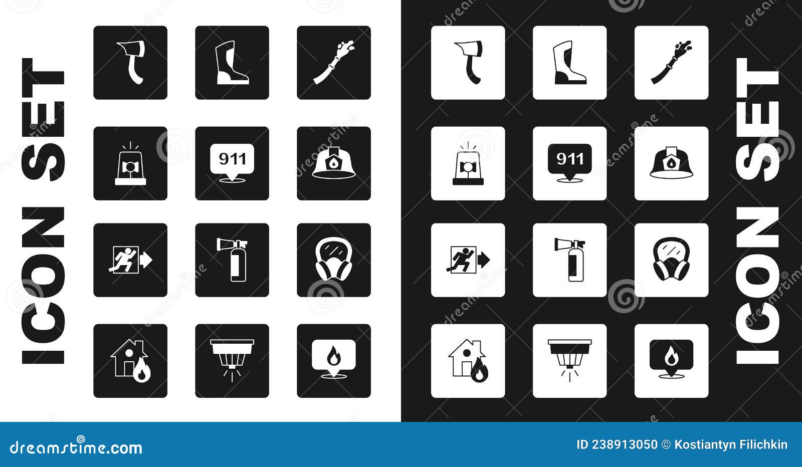 set fire hose reel, emergency call 911, flasher siren, firefighter axe, helmet, boots, gas mask and exit icon. 