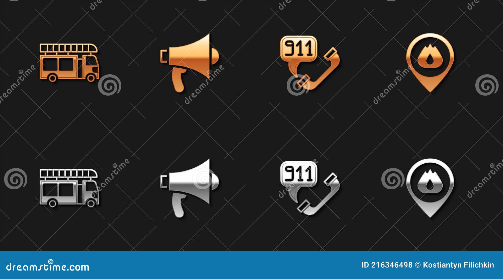 Set Fire Truck, Megaphone, Telephone Call 911 and Location with Fire