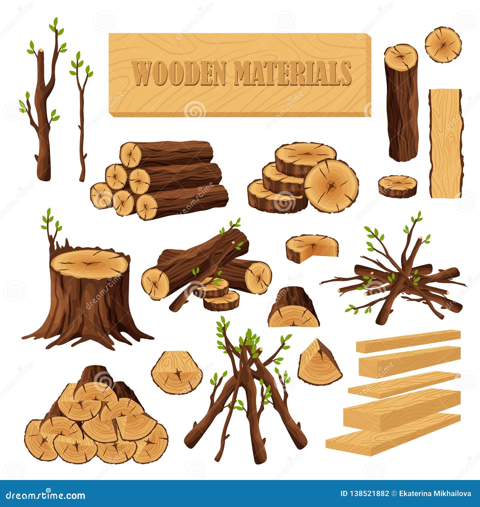 set of firewood materials for lumber industry  on white background. collection of wood logs stubs tree trunk