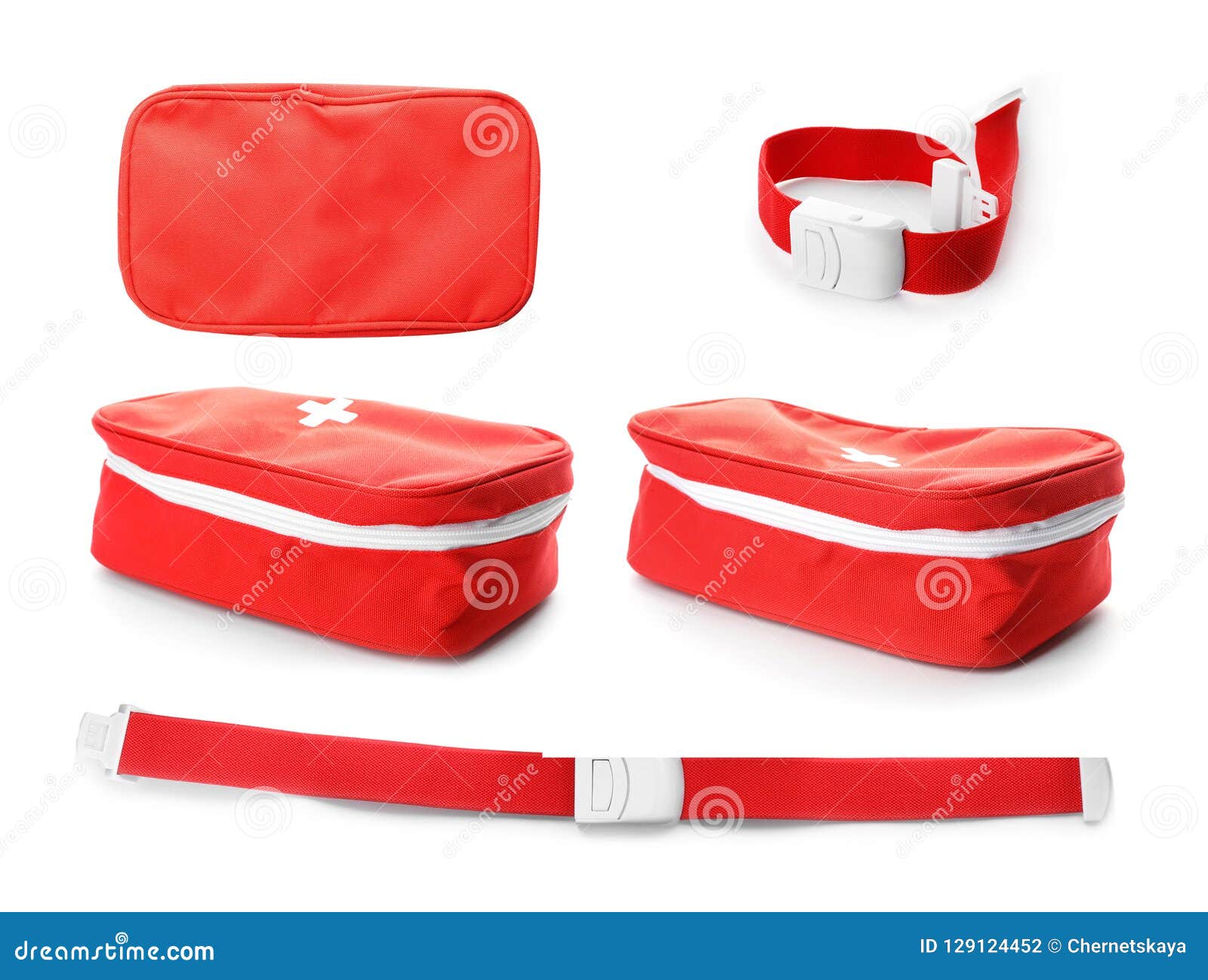 set with first aid bag and tourniquet on white background.