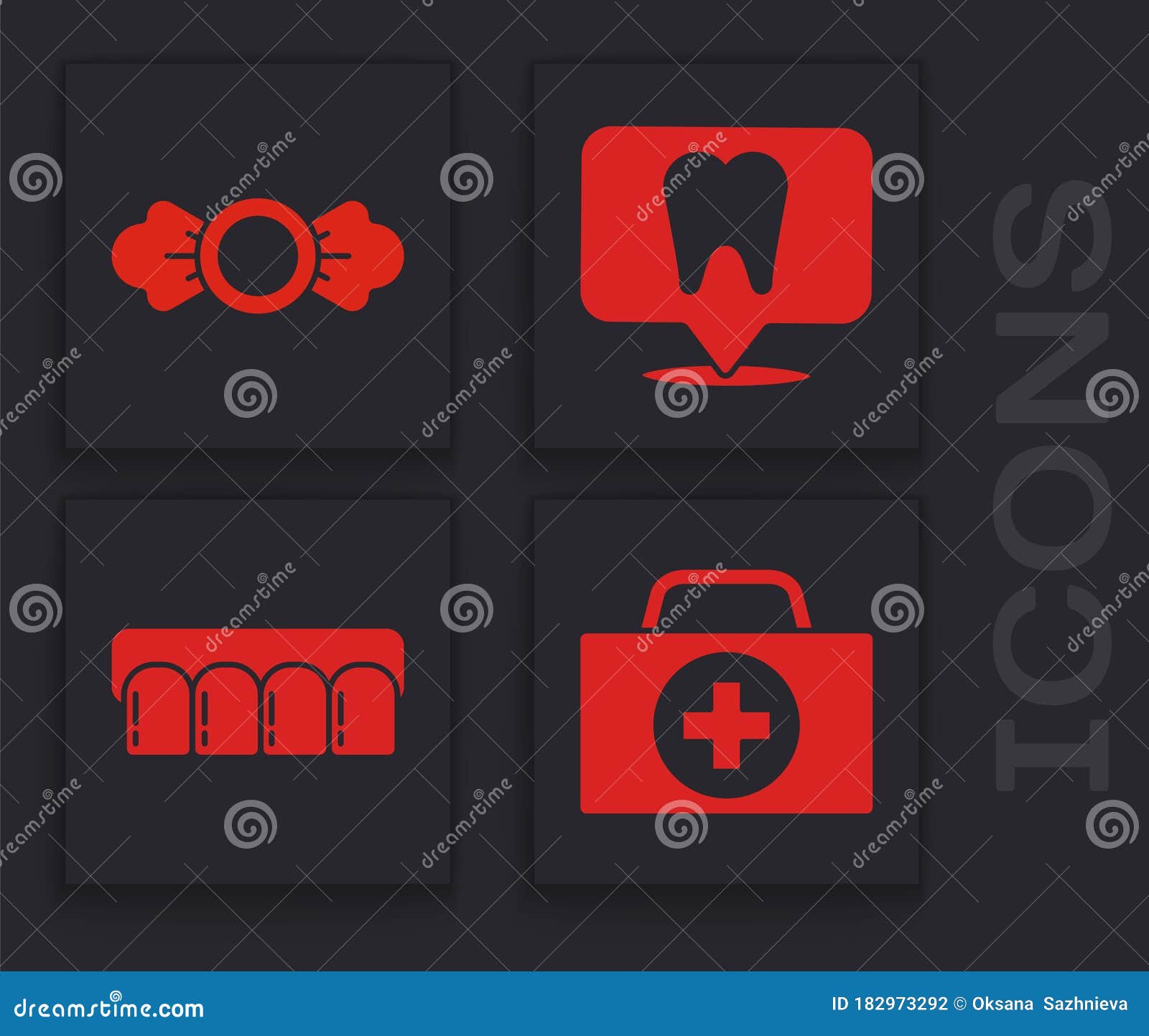 Set First Aid Kit, Candy, Dental Clinic Location and Dentures Model Icon Stock Vector
