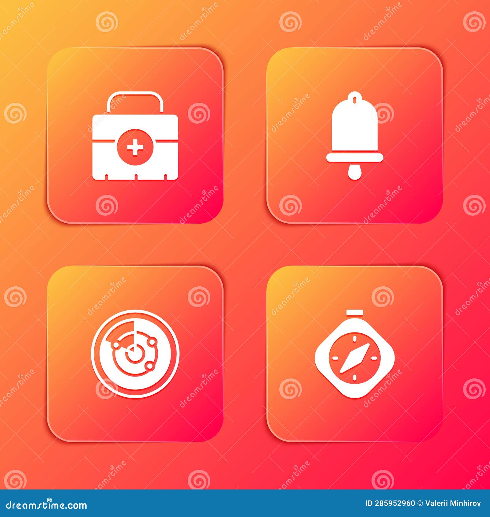 Set First Aid Kit, Ship Bell, Radar with Targets and Compass Icon. Vector Stock Illustration
