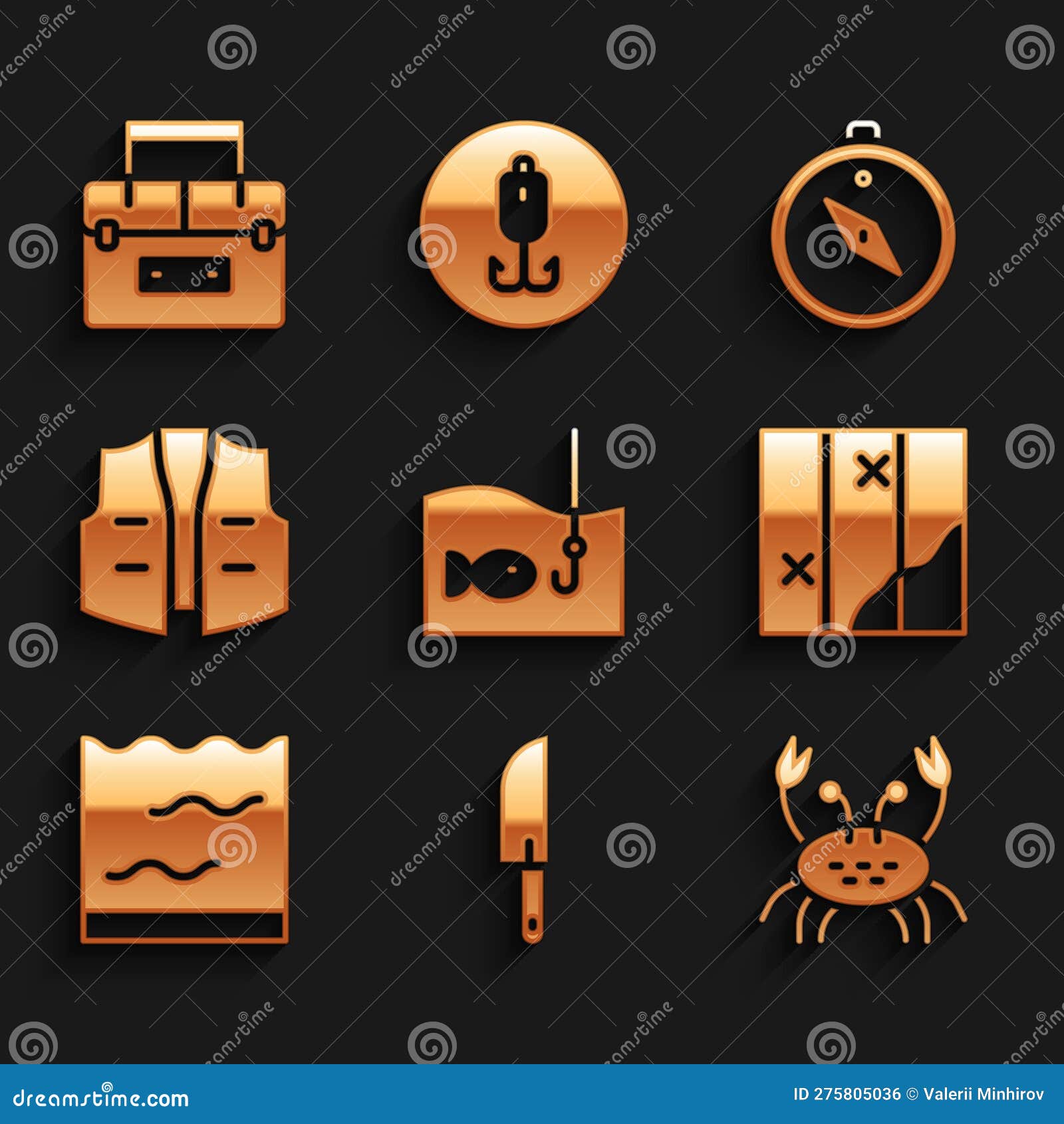 https://thumbs.dreamstime.com/z/set-fishing-hook-fish-knife-crab-folded-map-aquarium-jacket-compass-case-container-wobbler-icon-set-fishing-hook-275805036.jpg