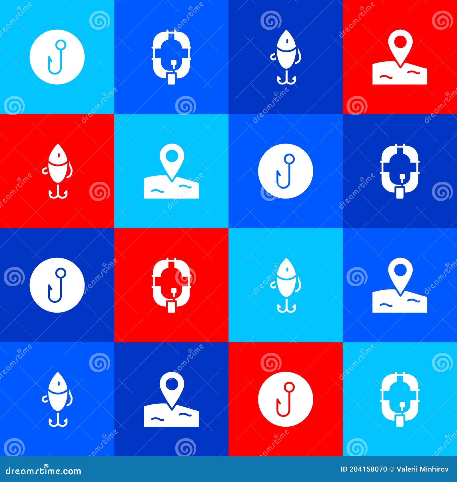 Set Fishing Hook, Inflatable Boat, Lure and Location Fishing Icon