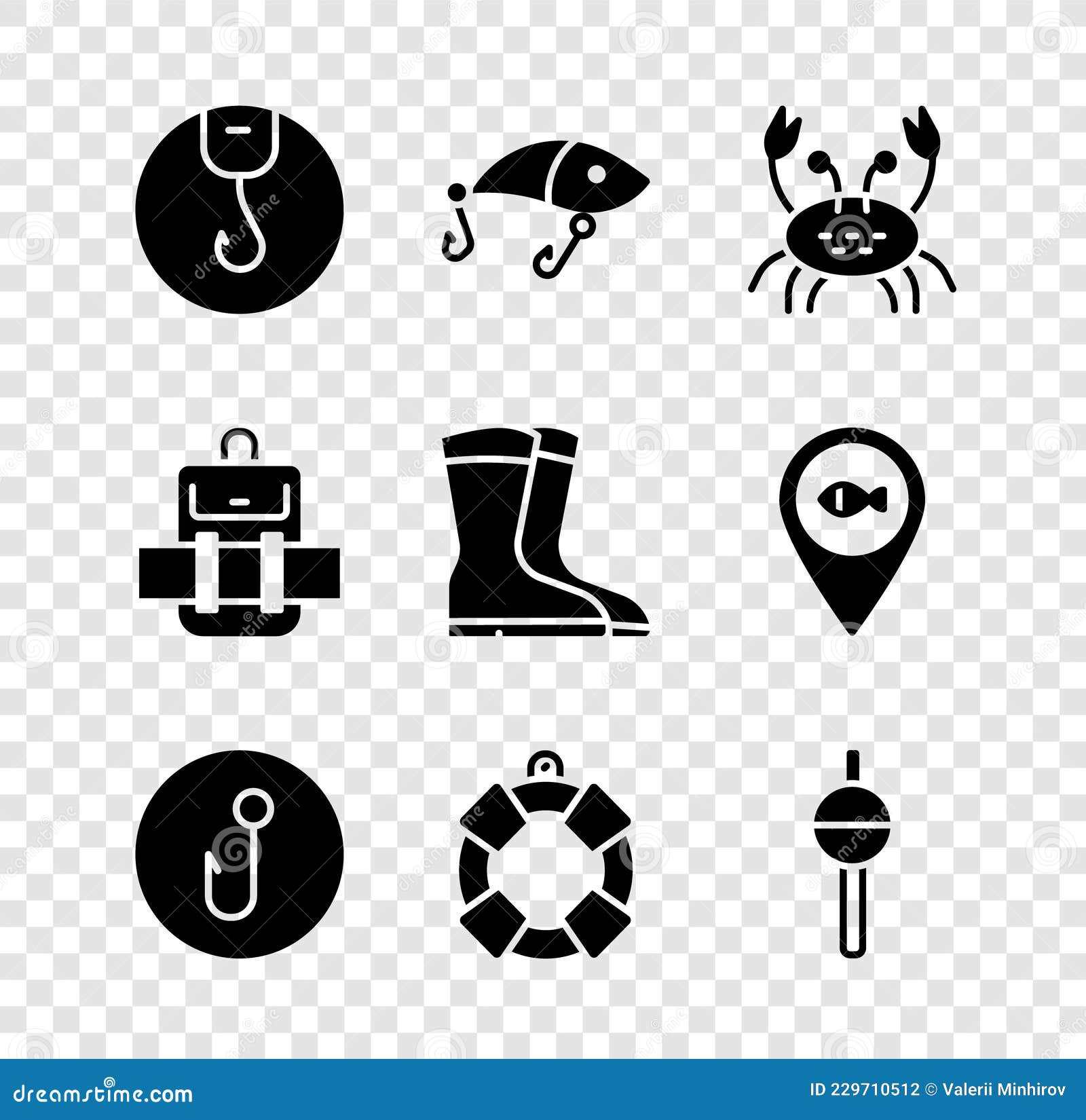 Set Fishing Hook, Lure, Crab, Lifebuoy, Float, Hiking Backpack and Boots  Icon. Vector Stock Vector - Illustration of emergency, trap: 229710512