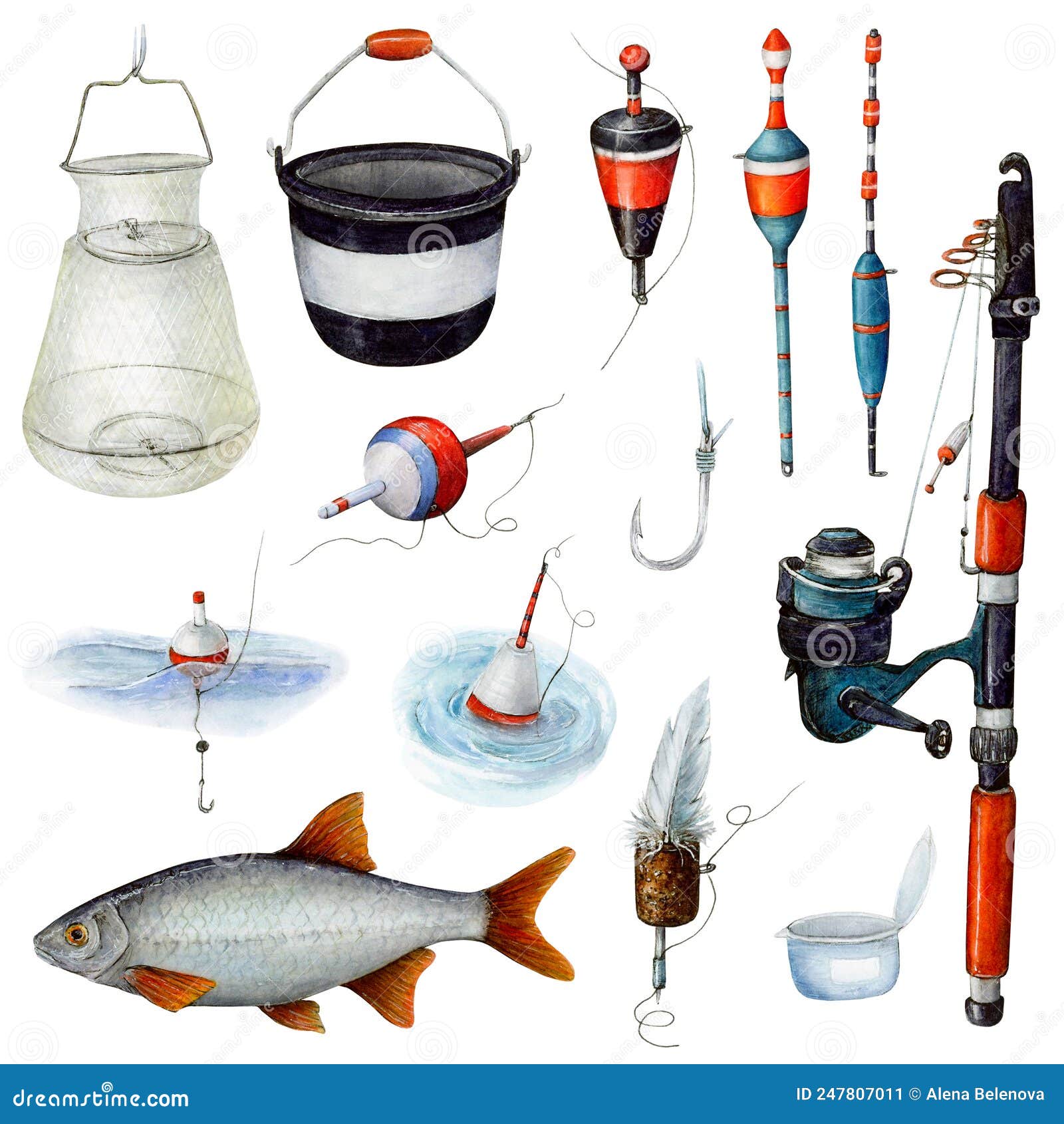 A Set of Fishing Items for Catching Fish with a Line and Hook