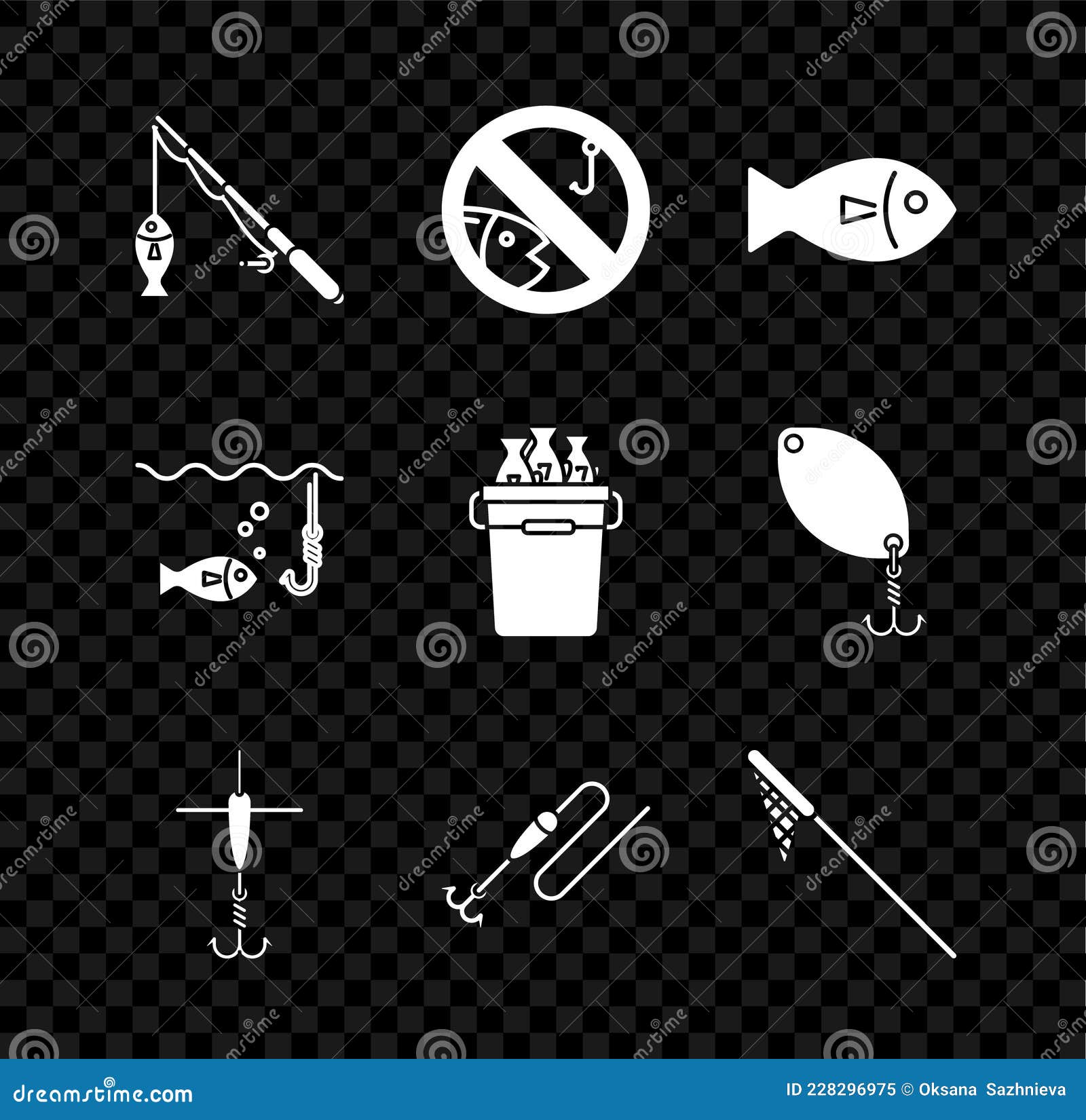 Set Fishing Rod and Fish, No Fishing, Hook Float, Line with, Net, Under  Water and Bucket Fishes Icon. Vector Stock Vector - Illustration of  background, equipment: 228296975