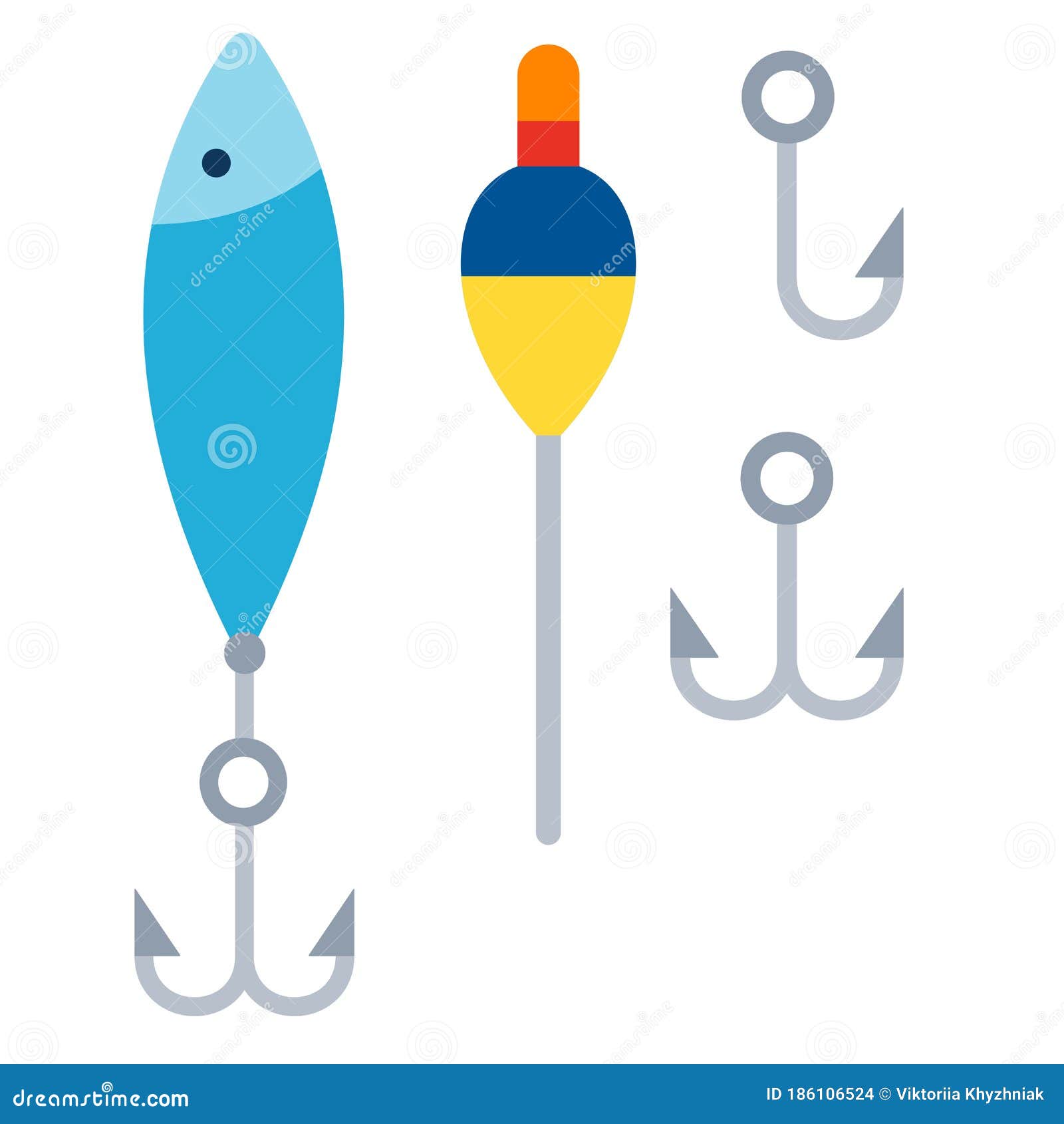 https://thumbs.dreamstime.com/z/set-fishing-tackle-bait-form-blue-fish-hook-black-yellow-float-double-single-hooks-vector-flat-186106524.jpg
