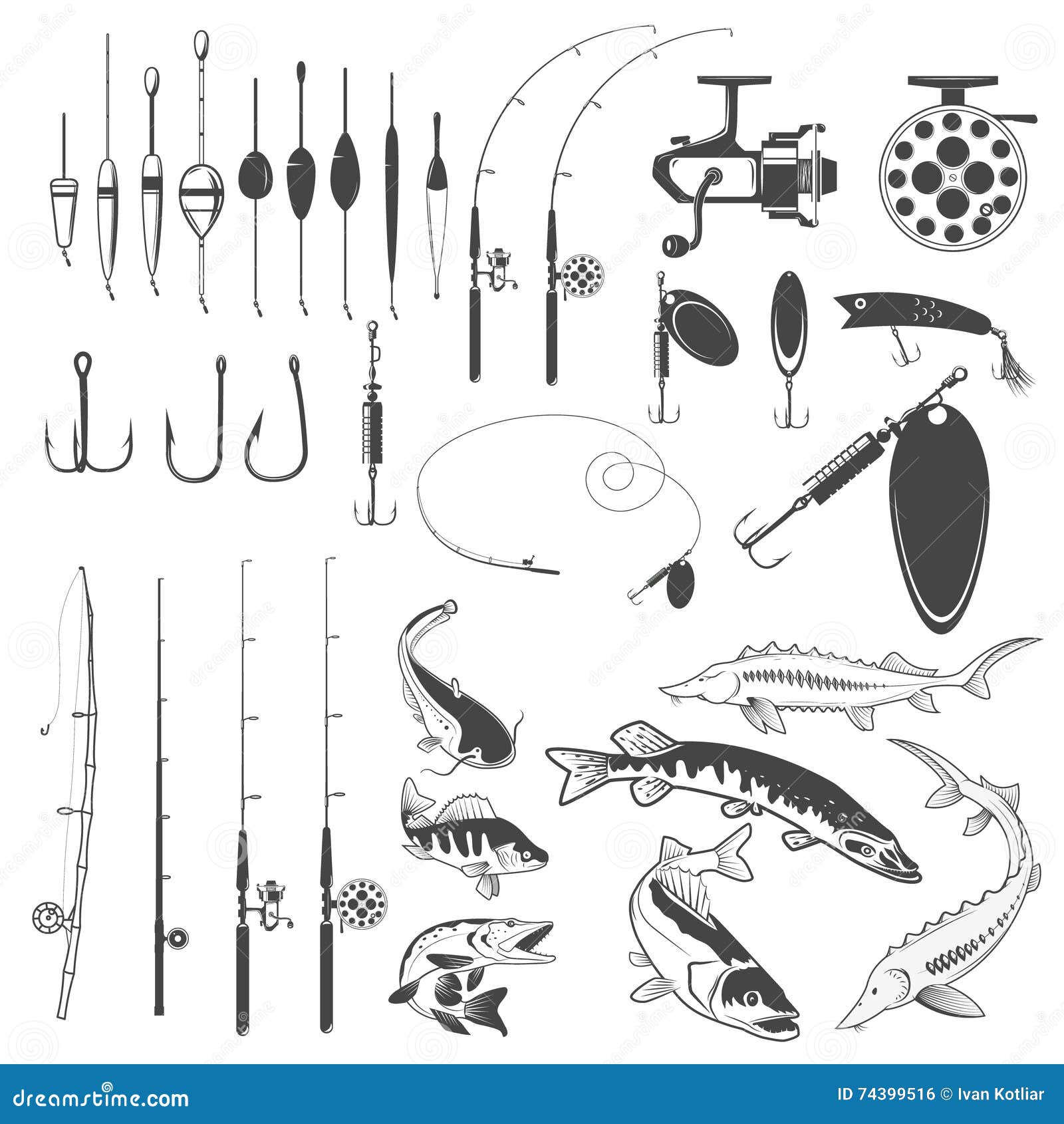 Set of Fishing Tools, River Fish Icons, Equipment for Fishing
