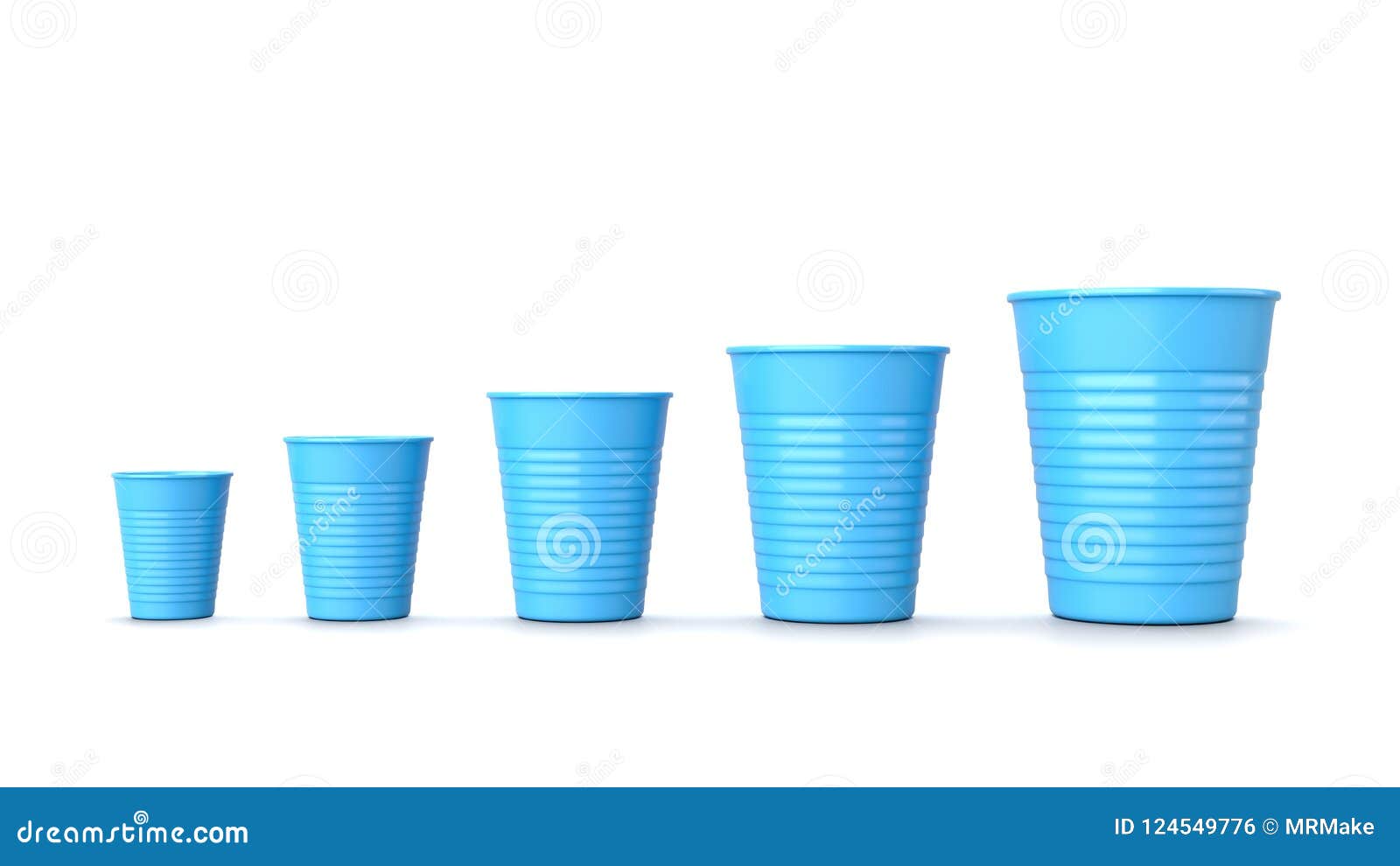 Increasing Size Blue Plastic Cups On White Stock