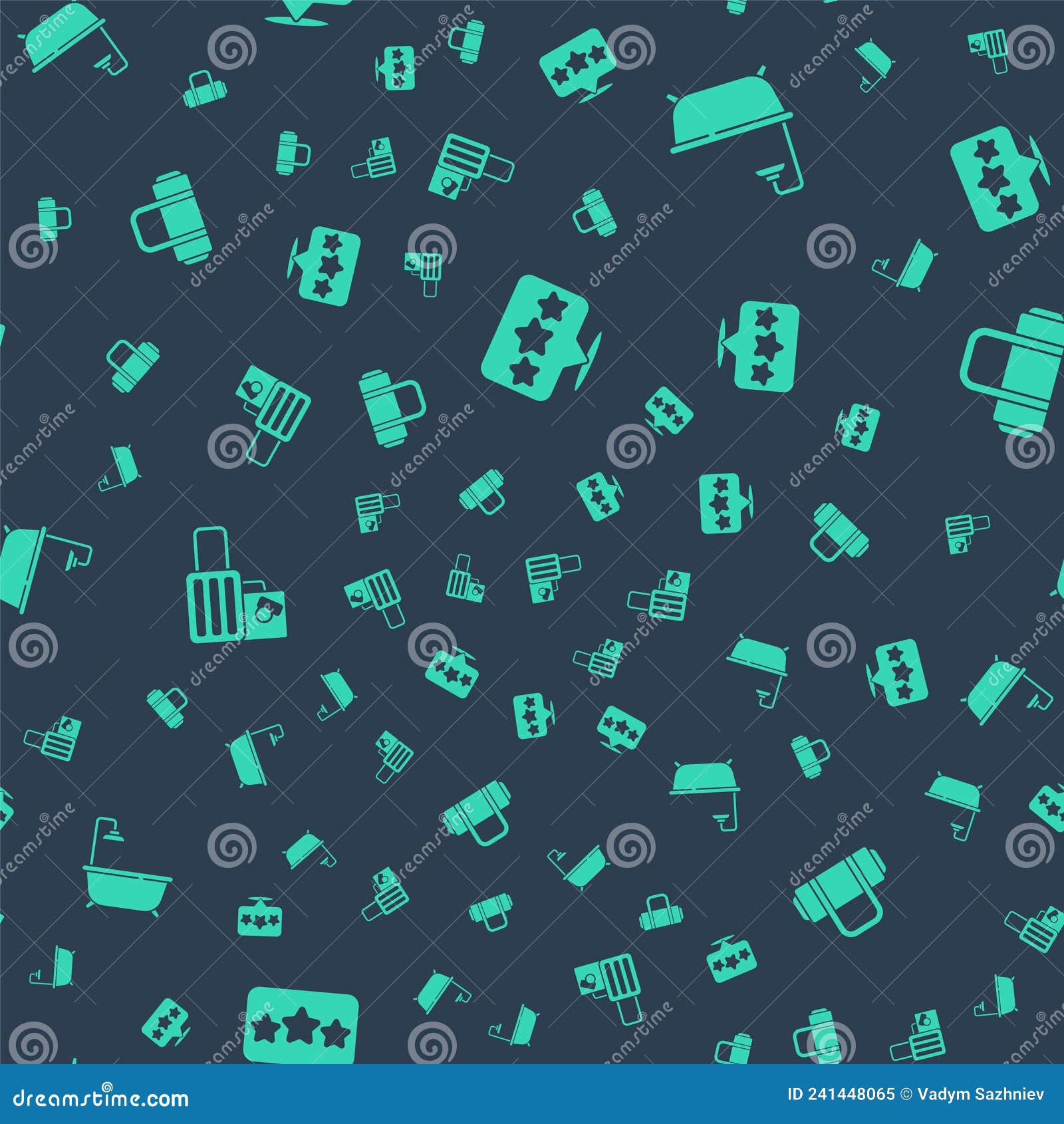 Set Five Stars Rating Review, Bathtub with Shower, Suitcase and on Seamless Pattern. Vector