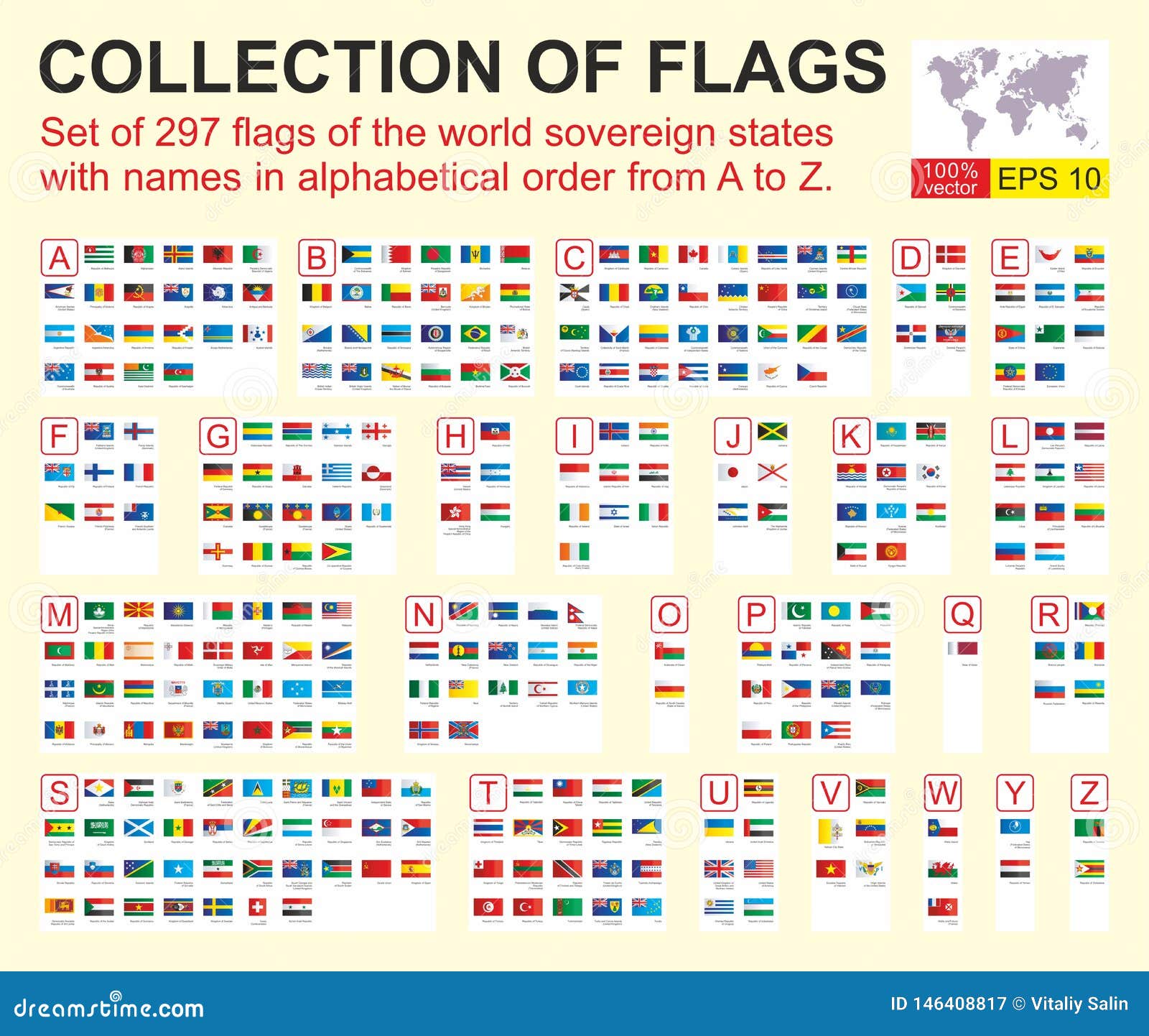 Set Of 297 Flags Of The World Sovereign States With Names In