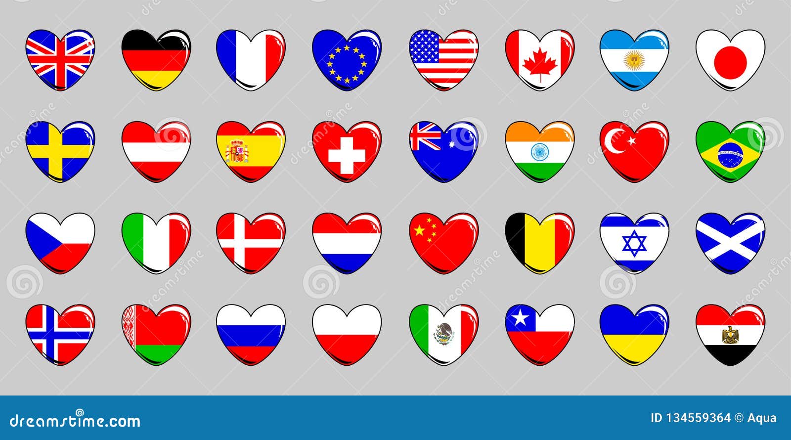Set of 32 Flags of Different Countries in the Shape of a Heart on a