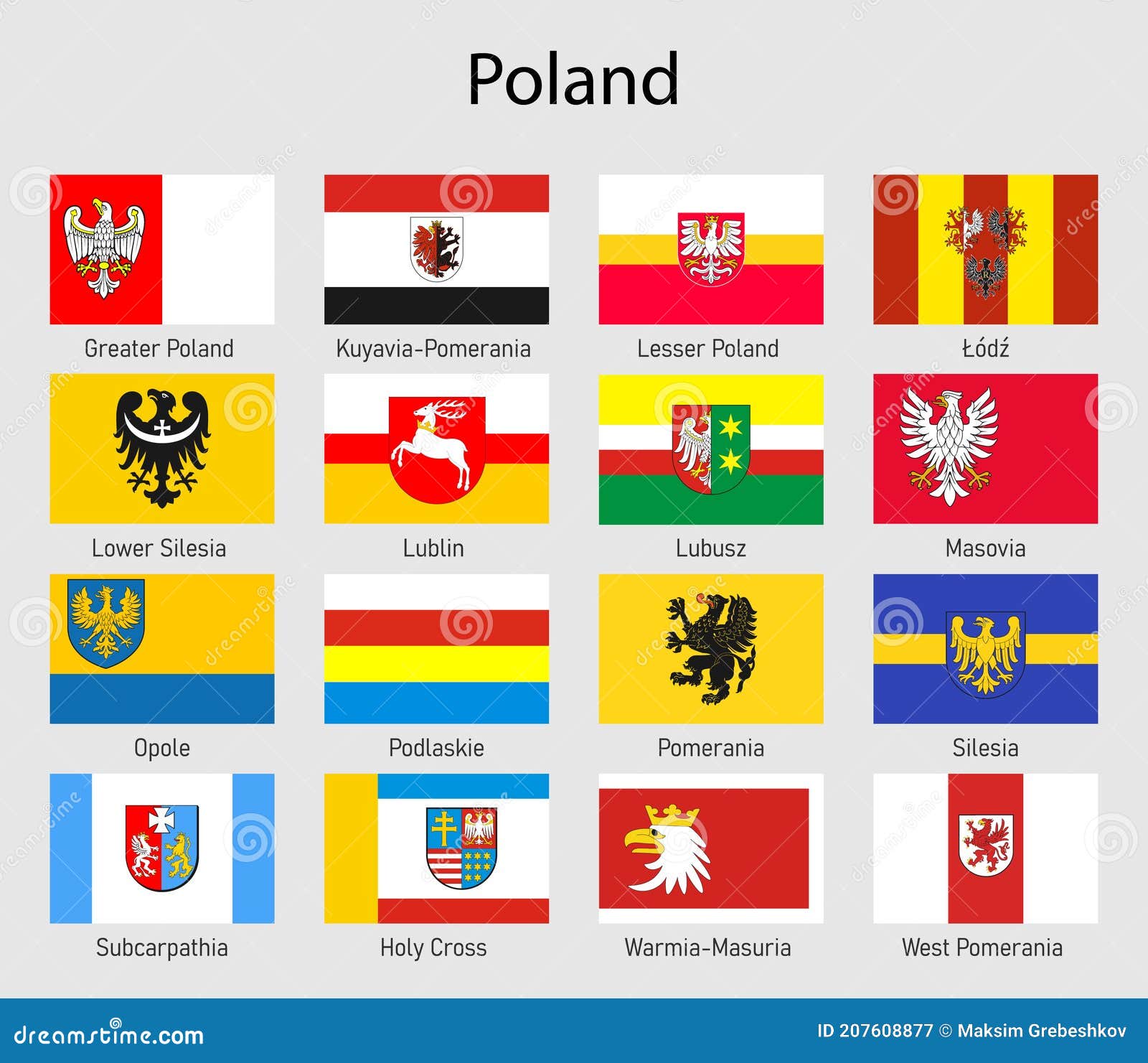 set flags of the voivodships of poland, all polish regions flag