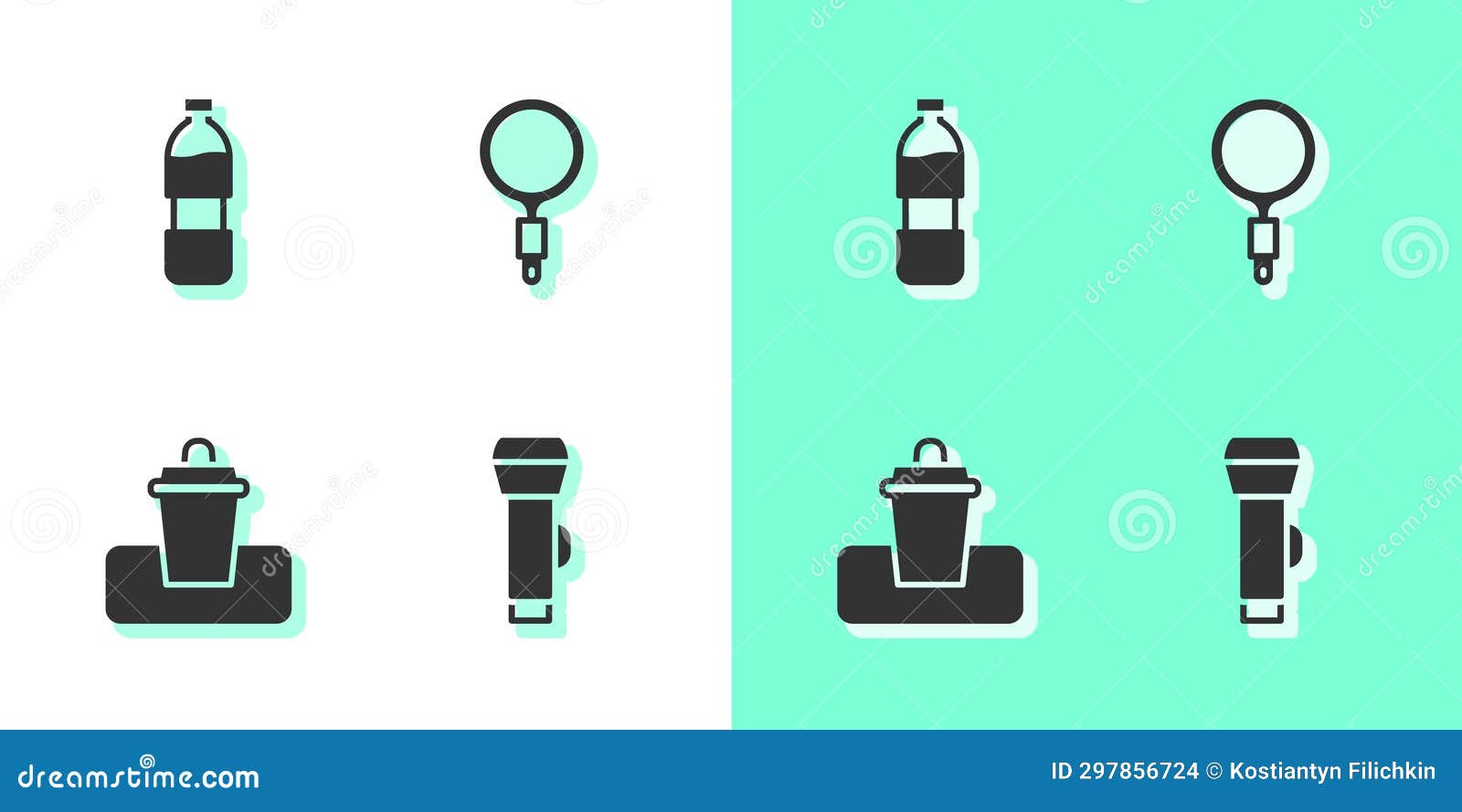 Set Flashlight, Bottle of Water, Trash Can and Magnifying Glass Icon