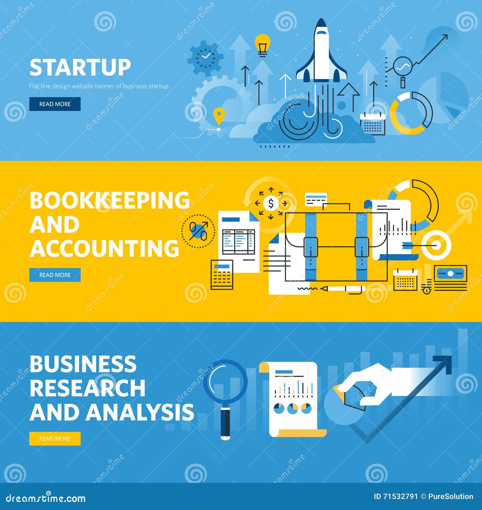 set of flat line  web banners for company startup, finance, bookkeeping and accounting, business research and analysis