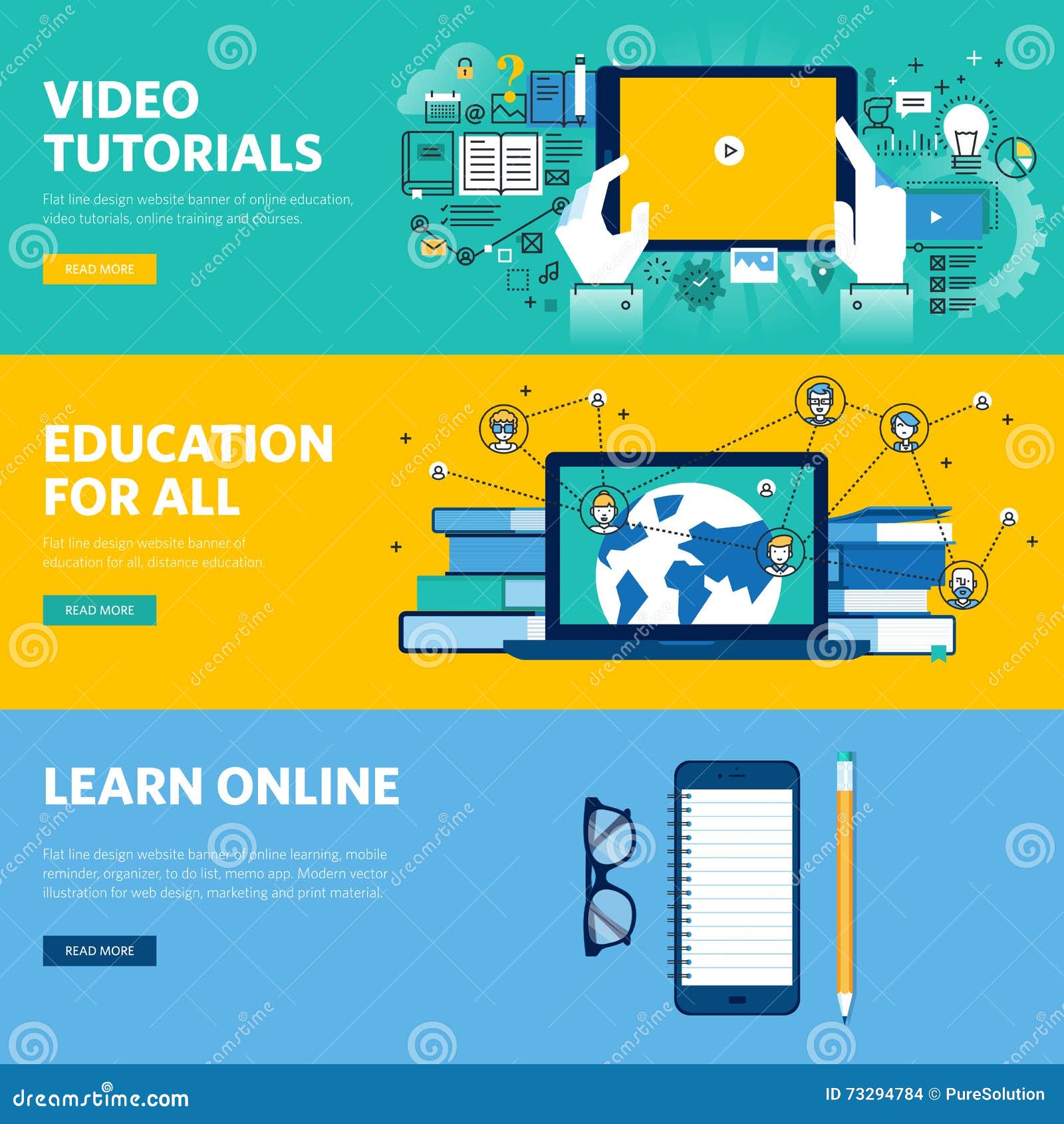 set of flat line  web banners for distance education, online learning, video tutorials