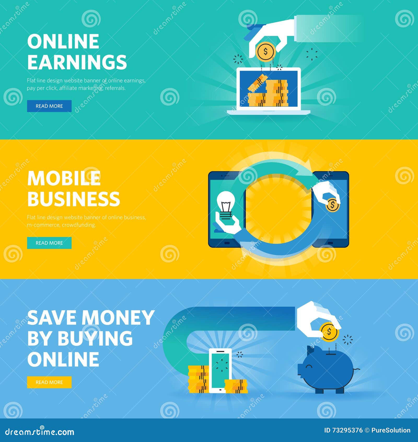 Set Of Flat Line Design Web Banners For Online Earning Pay Per Click Mobile Business M Commerce Stock Vector Illustration Of Earning Management 73295376
