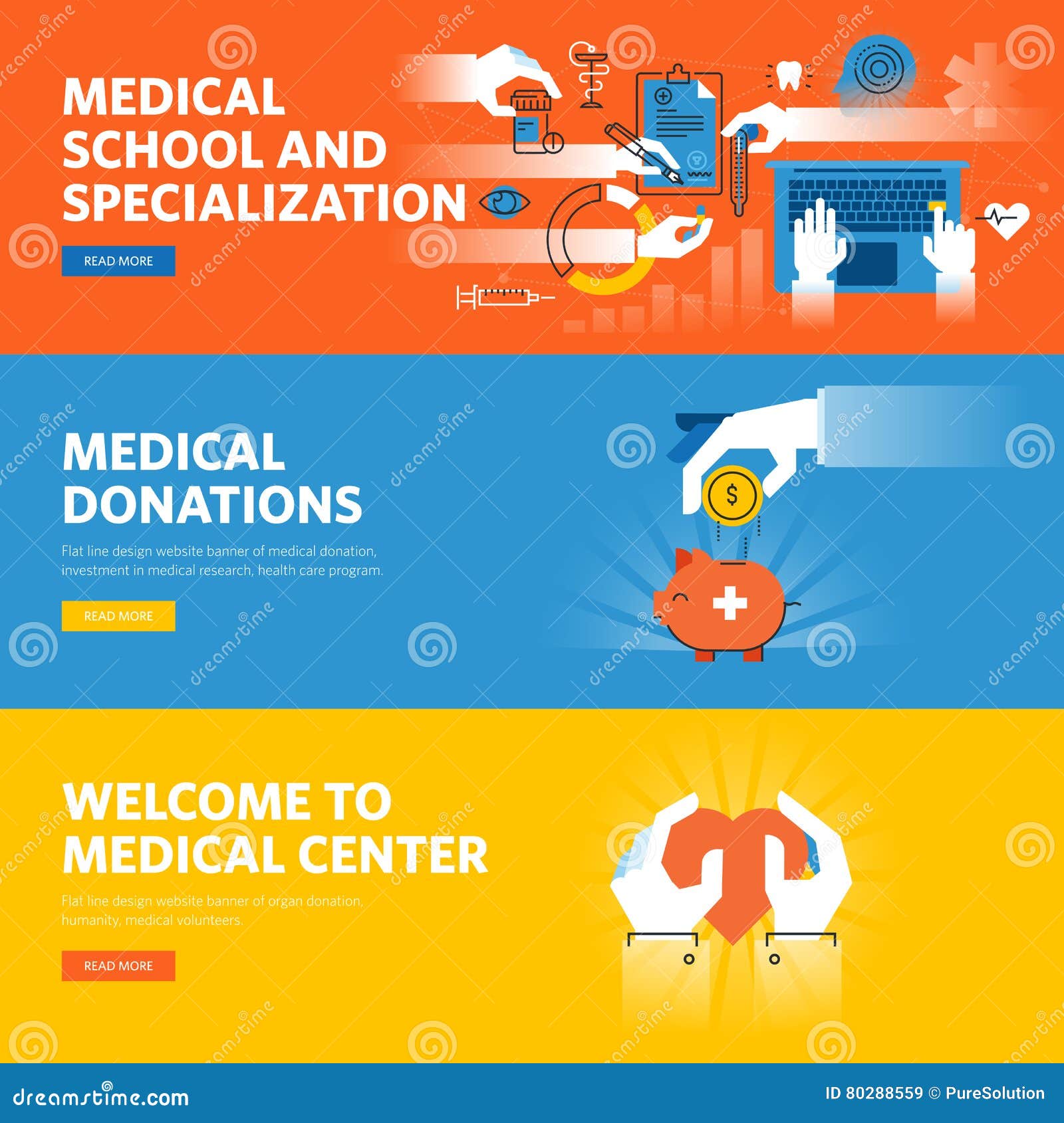 Set Of Flat Line Design Web Banners For Online Medical Education